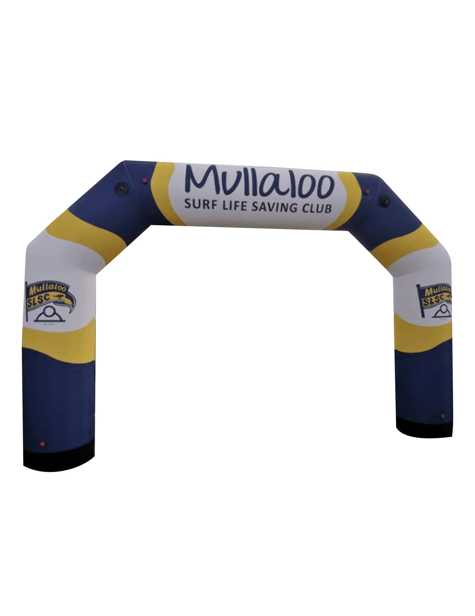 An inflatable air arch, 5m, featuring blue, yellow, and white colours, with a logo and text for a surf life saving club. Inflatable Air Arches 7m - Image 1