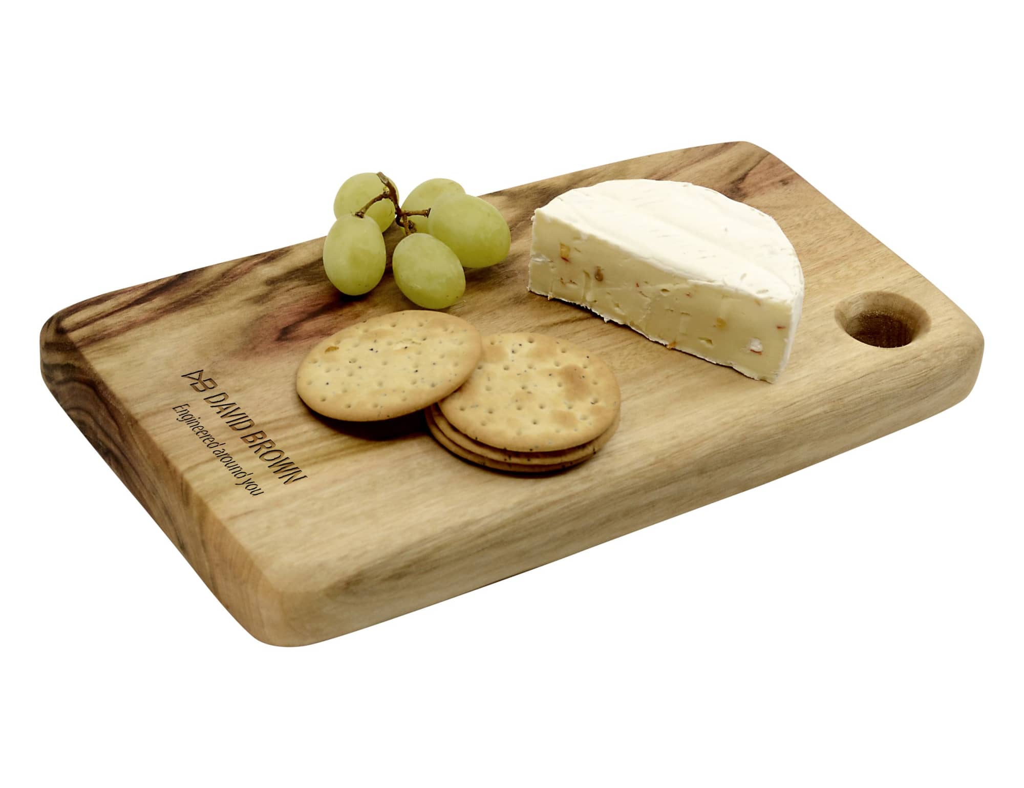 A wooden cheese board with a handle features crackers, grapes, and a wedge of cheese. The board has a branding logo. Lawson Cheese Board 23cm - Image 1