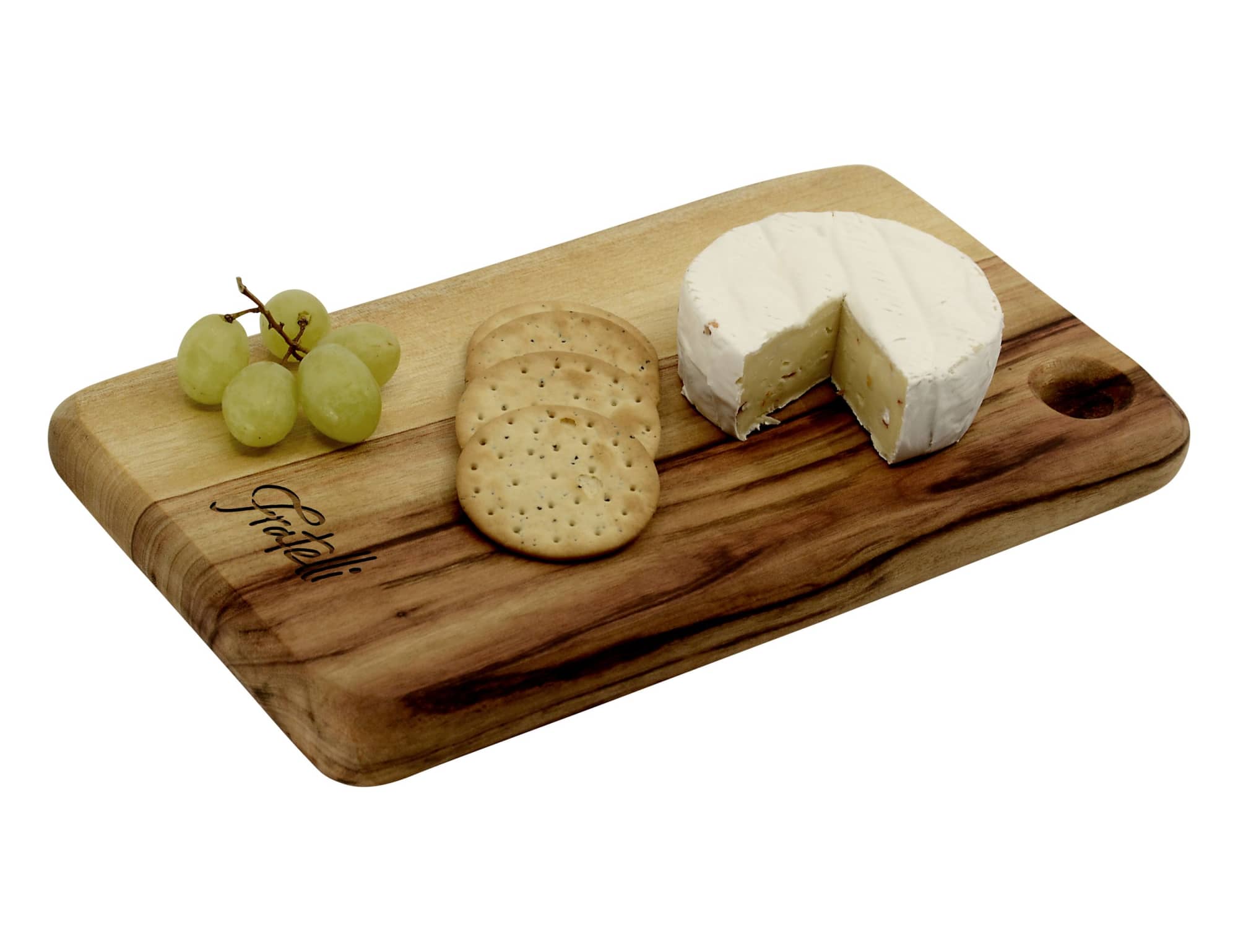 A wooden cheese board with a logo, featuring brie cheese, crackers, and green grapes. Lawson Cheese Board 26cm - Image 1