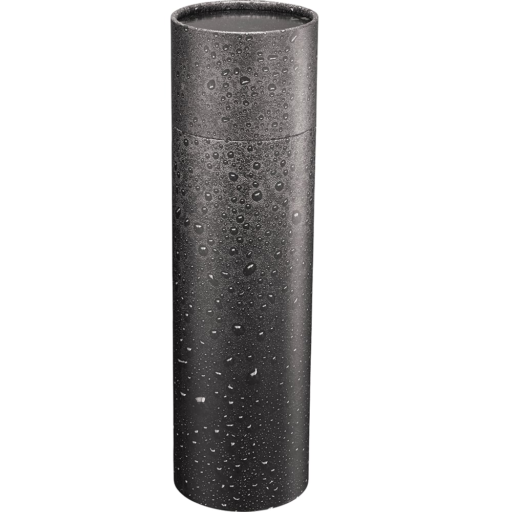 A drink bottle in a sleek black tube gift box, featuring a textured surface with water droplets. Premium Tube Gift Box For Drinkware - Image 1