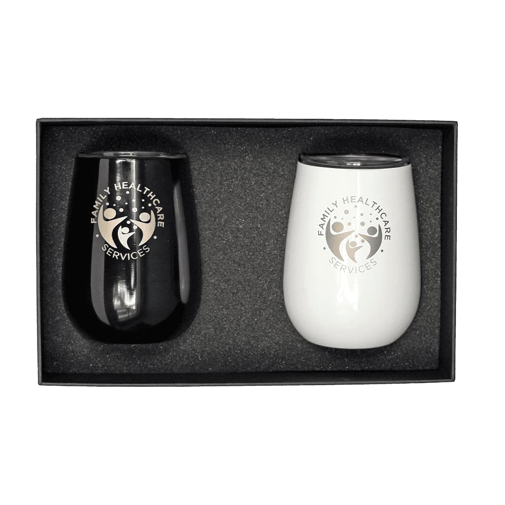 A drink set featuring two insulated tumblers, one black and one white, in a gift box with a logo. Tumbler Gift Box - Image 1