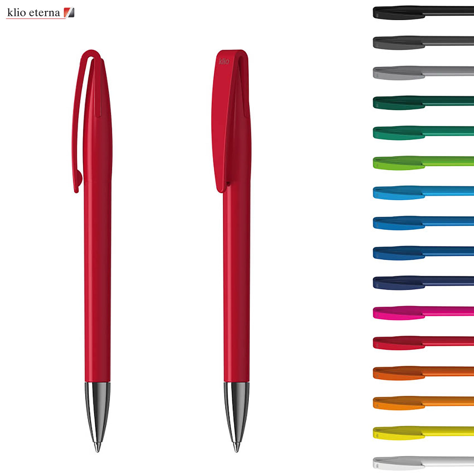 A metal pen in vibrant red with a sleek design, featuring a clip and a shiny silver tip. The image includes various colour options. Cobra M - Image 1