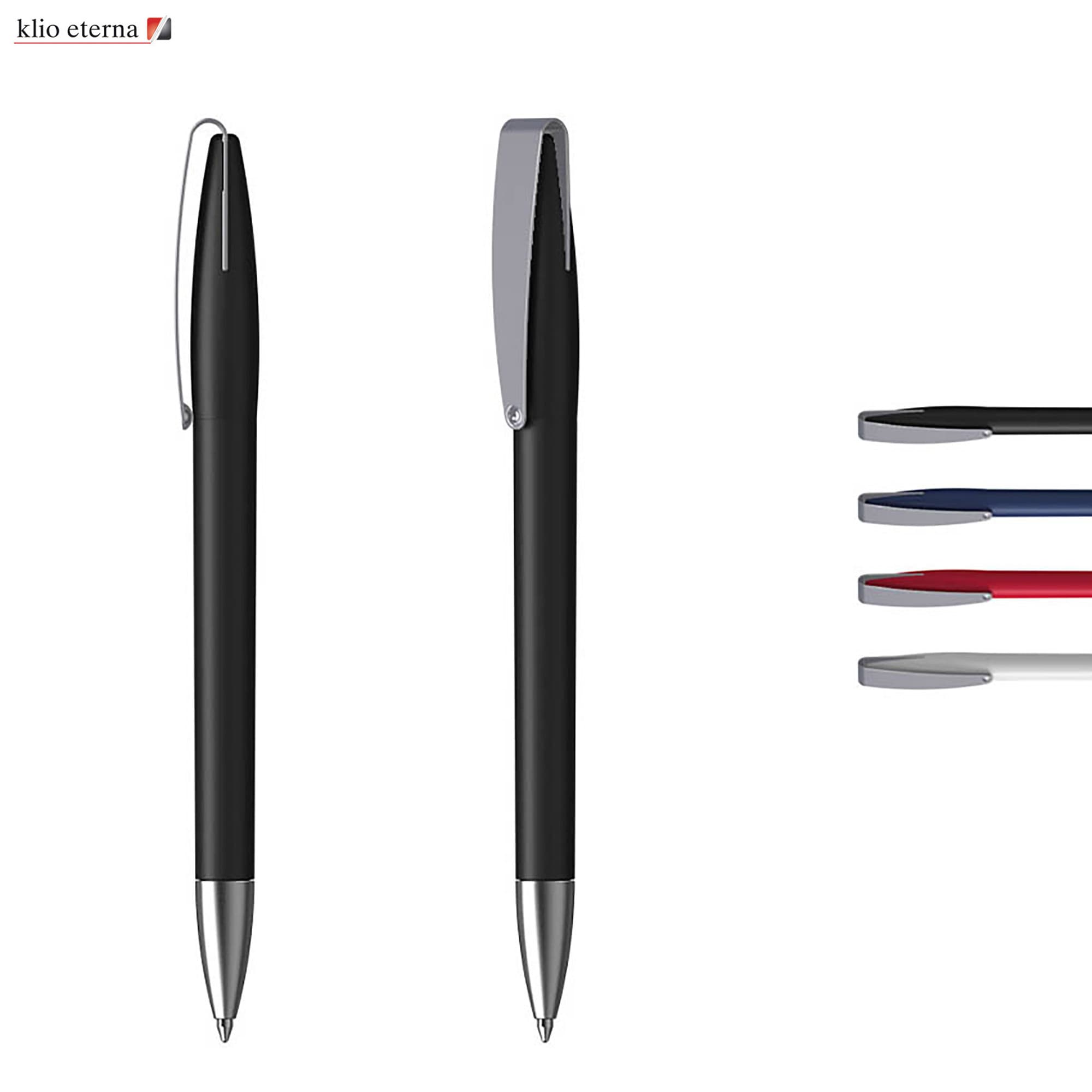 A black plastic pen with a silver clip, displayed from multiple angles, alongside coloured ink options. It features a logo. Cobra MM Matt - Image 1