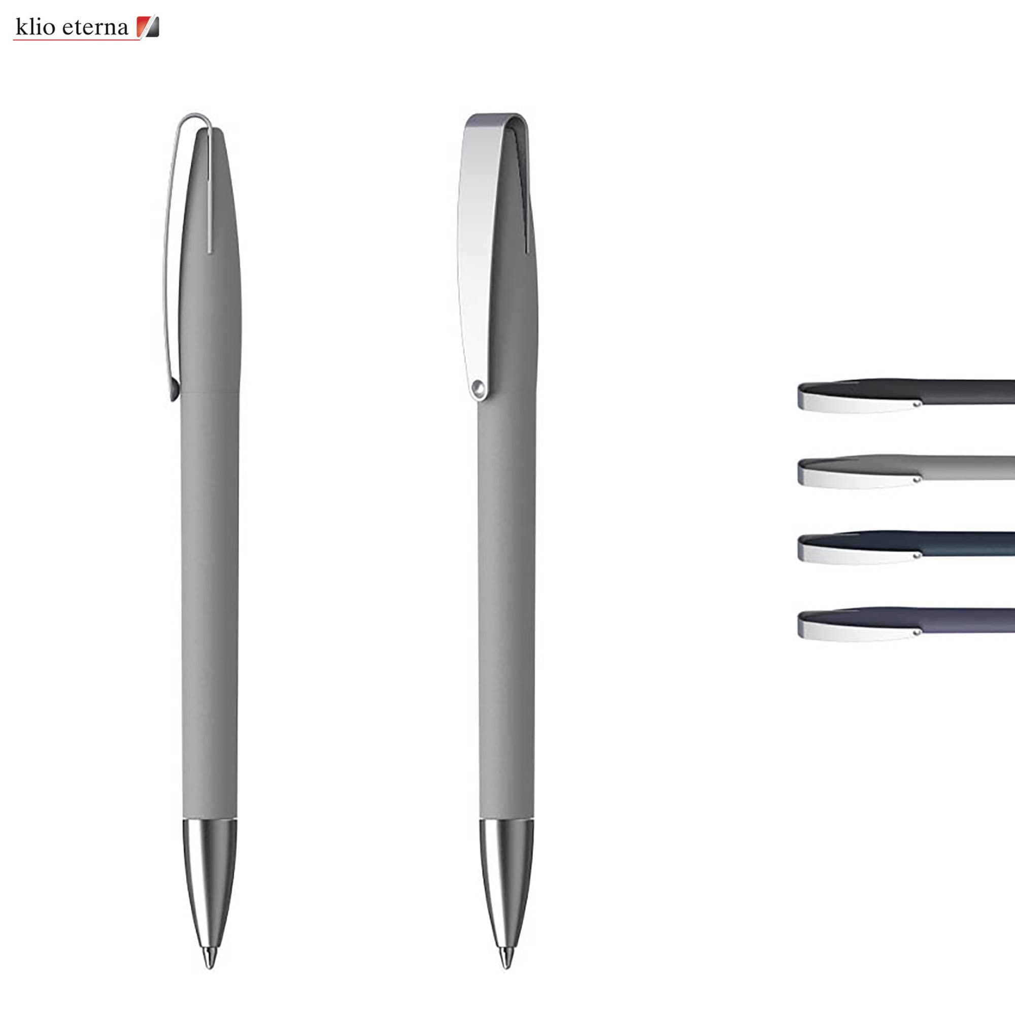 A metal pen with a soft grey grip and chrome accents, displayed alongside three refill options in different shades. Cobra MM Soft grip - Image 1