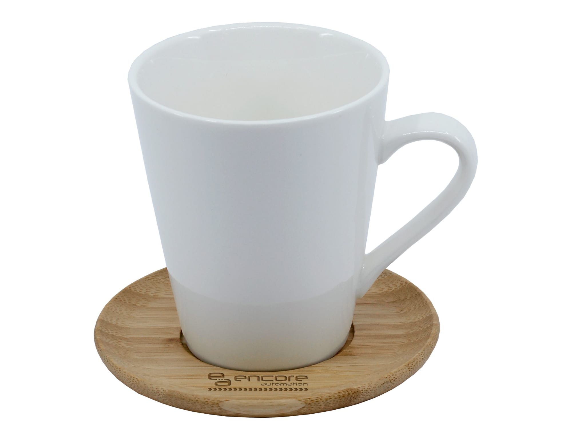 A white coffee mug sits on a round bamboo saucer. The mug features a sleek design with a handle. Carmel Vee Mug & Saucer - Image 1