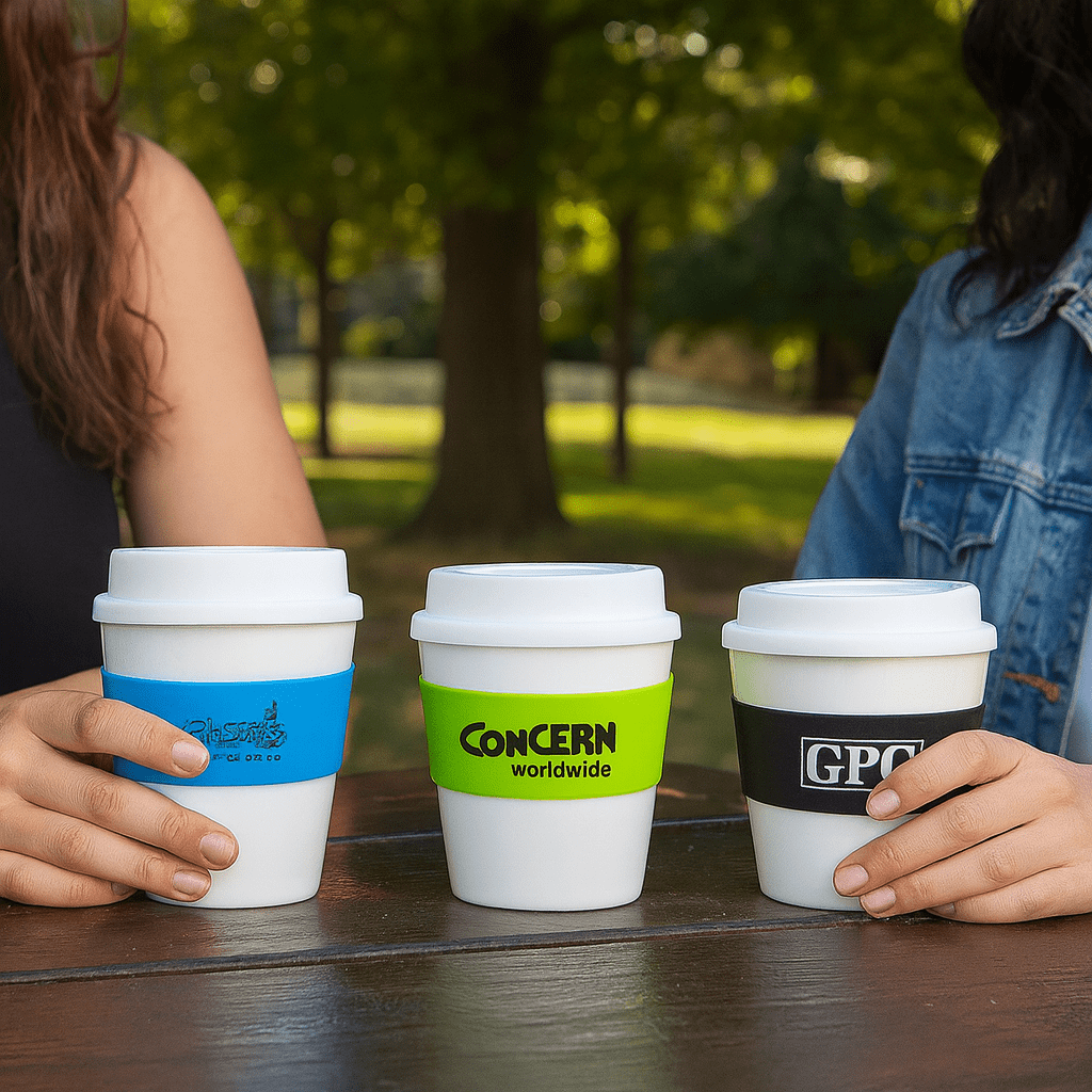 Three small cups in white, each with a different coloured band: blue, green, and black, held by two people. Kool 235mL Cup (Small) - Image 1