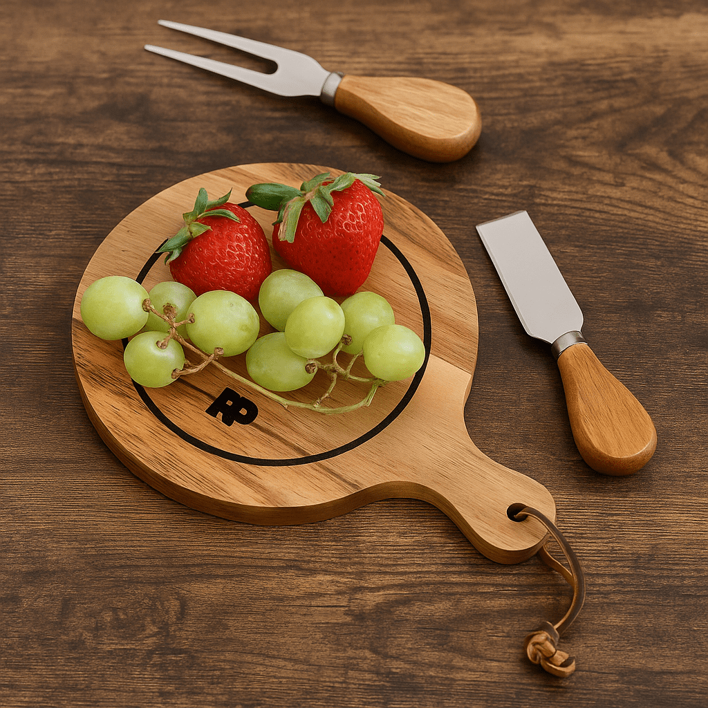 A wooden cheeseboard featuring strawberries and green grapes, with a knife and fork made of wood and metal. Glencoe Solo Cheeseboard - Image 1