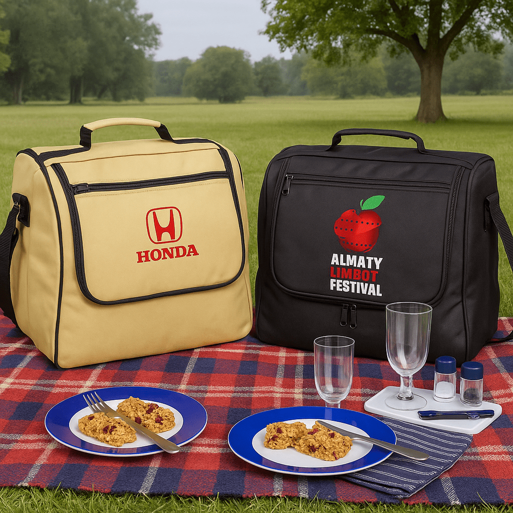 Two picnic bags, one yellow and one black, on a picnic blanket with plates of food and glasses. Adventure 4 Set Picnic Basket - Image 1