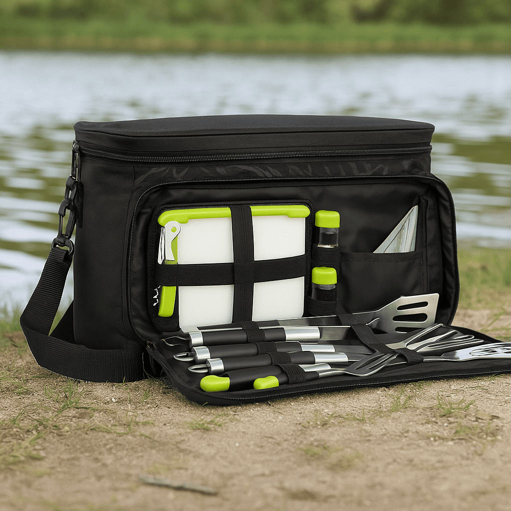 A black BBQ picnic bag with green accents, featuring utensils, a cutting board, and storage compartments, by a lake. Lakeside BBQ Picnic Bag - Image 1