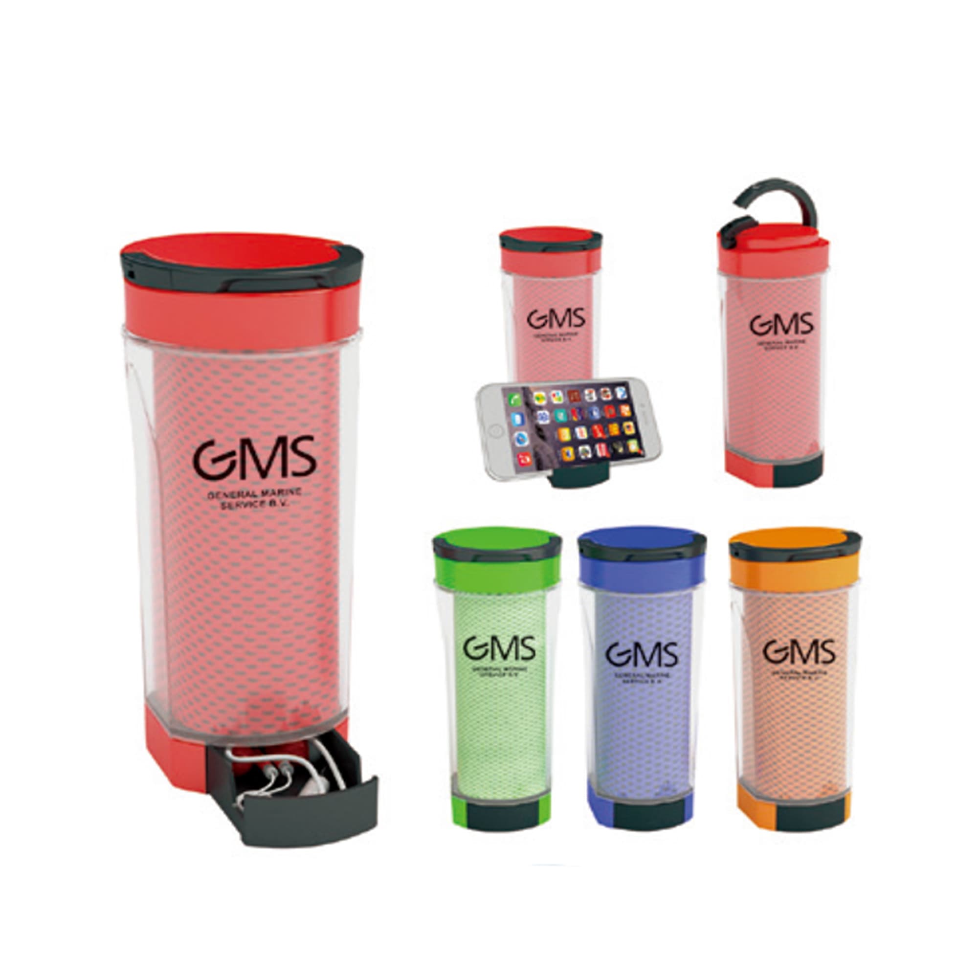 A drink bottle collection featuring various colours: red, green, blue, orange, and a transparent design with a logo. Towel In Bottle - Image 1