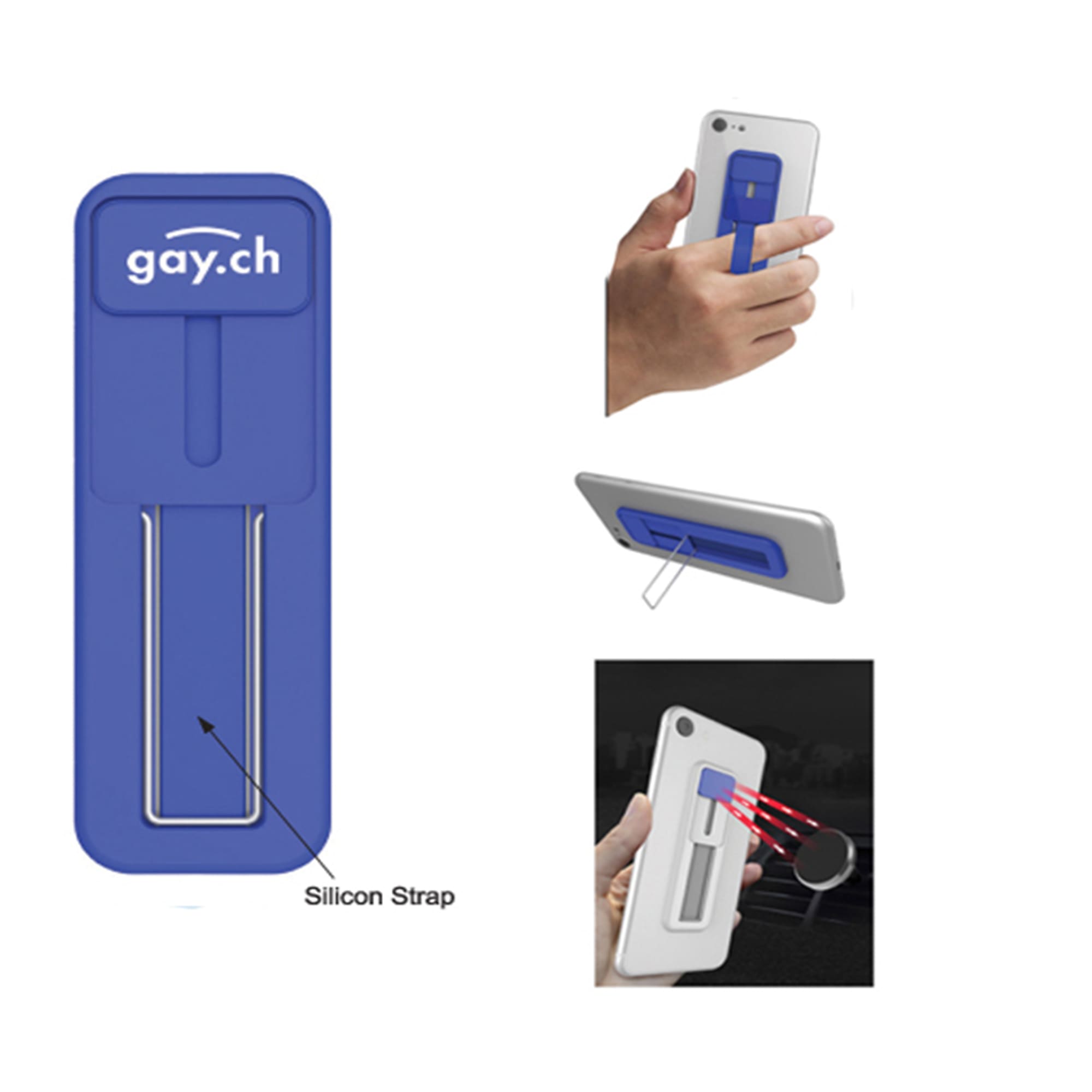 A blue mobile stand featuring a silicone strap, designed to attach to a smartphone, with a branding logo. Mobile Stand - Image 1