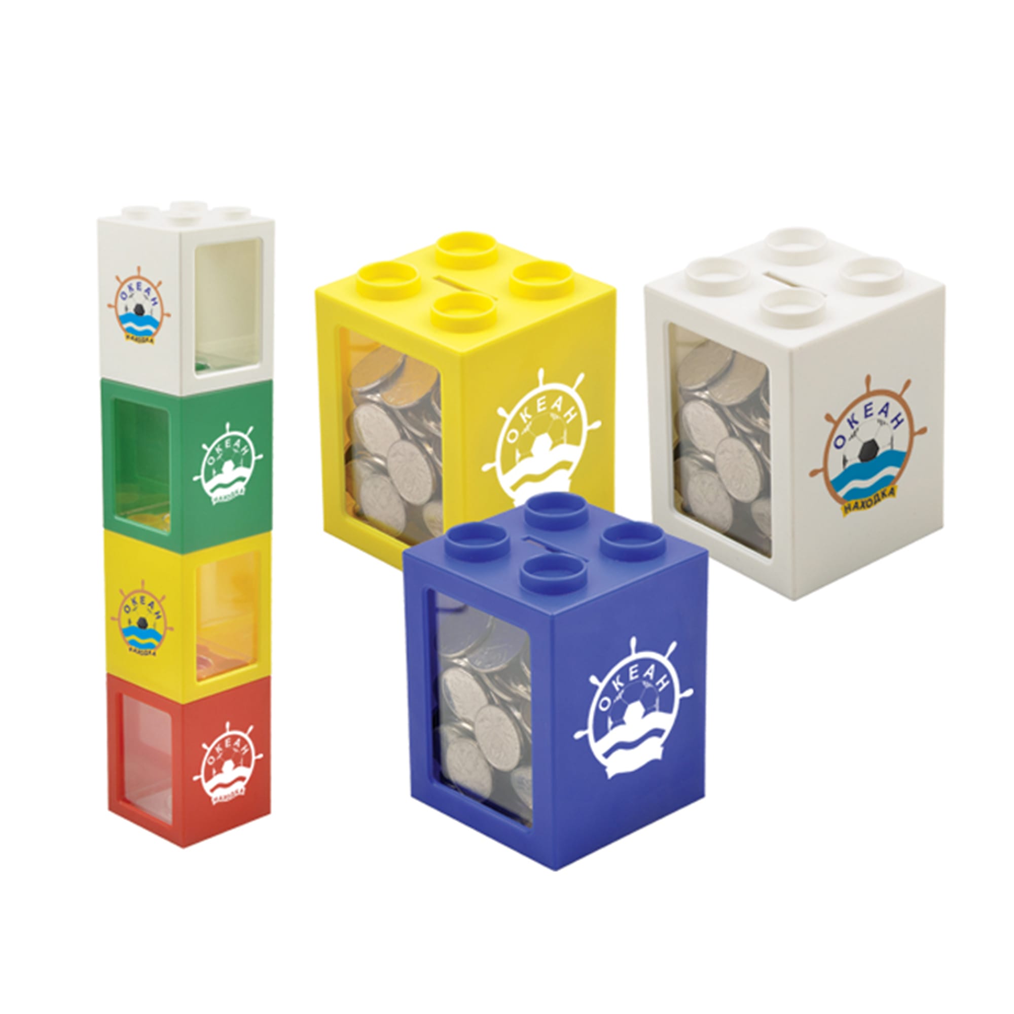 A set of four colourful coin banks: green, yellow, blue, and white, each with a logo and filled with coins. Coin Bank - Image 1