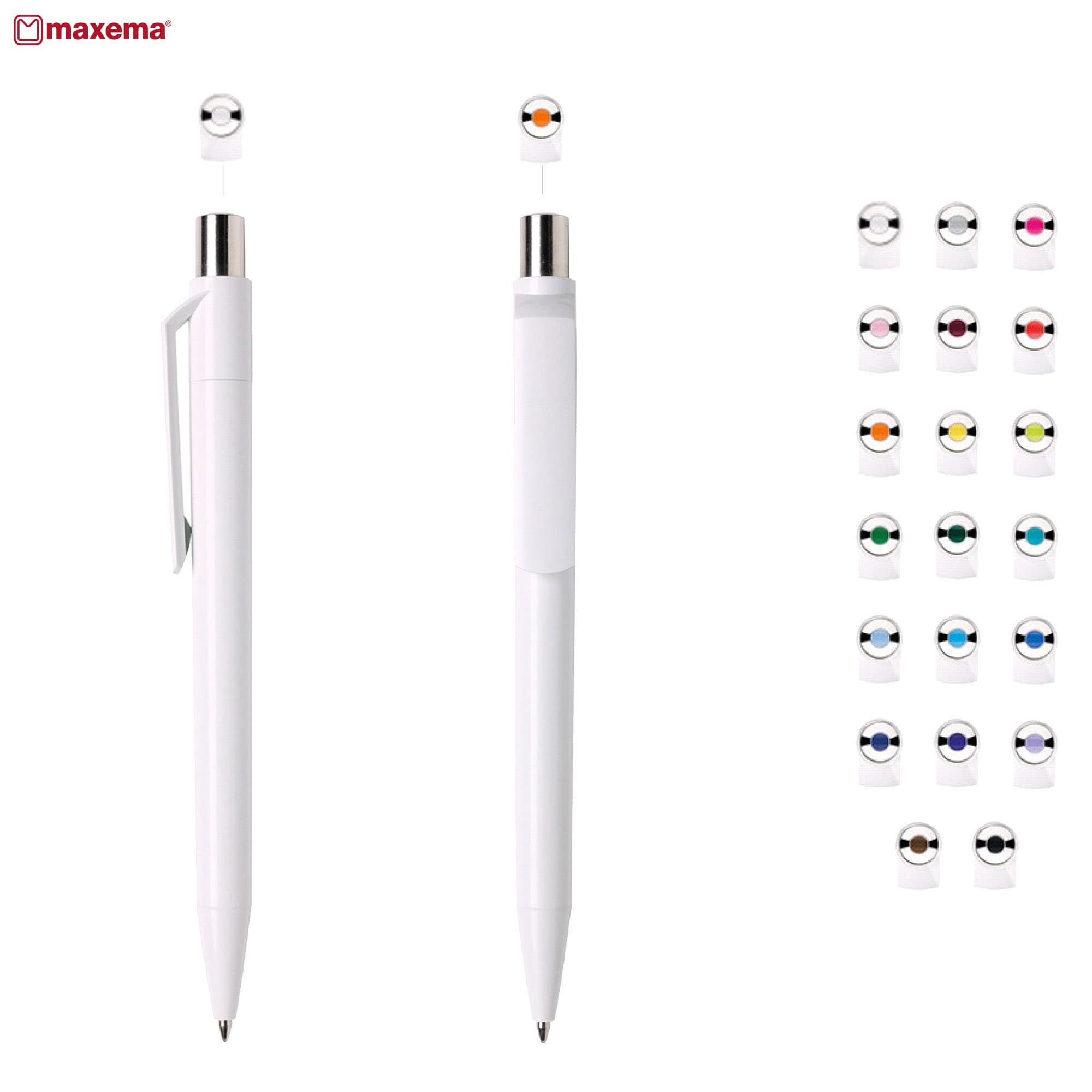 A white plastic pen featuring a chrome tip, accompanied by a variety of colourful caps. Includes a logo. Dot B CR - Image 1