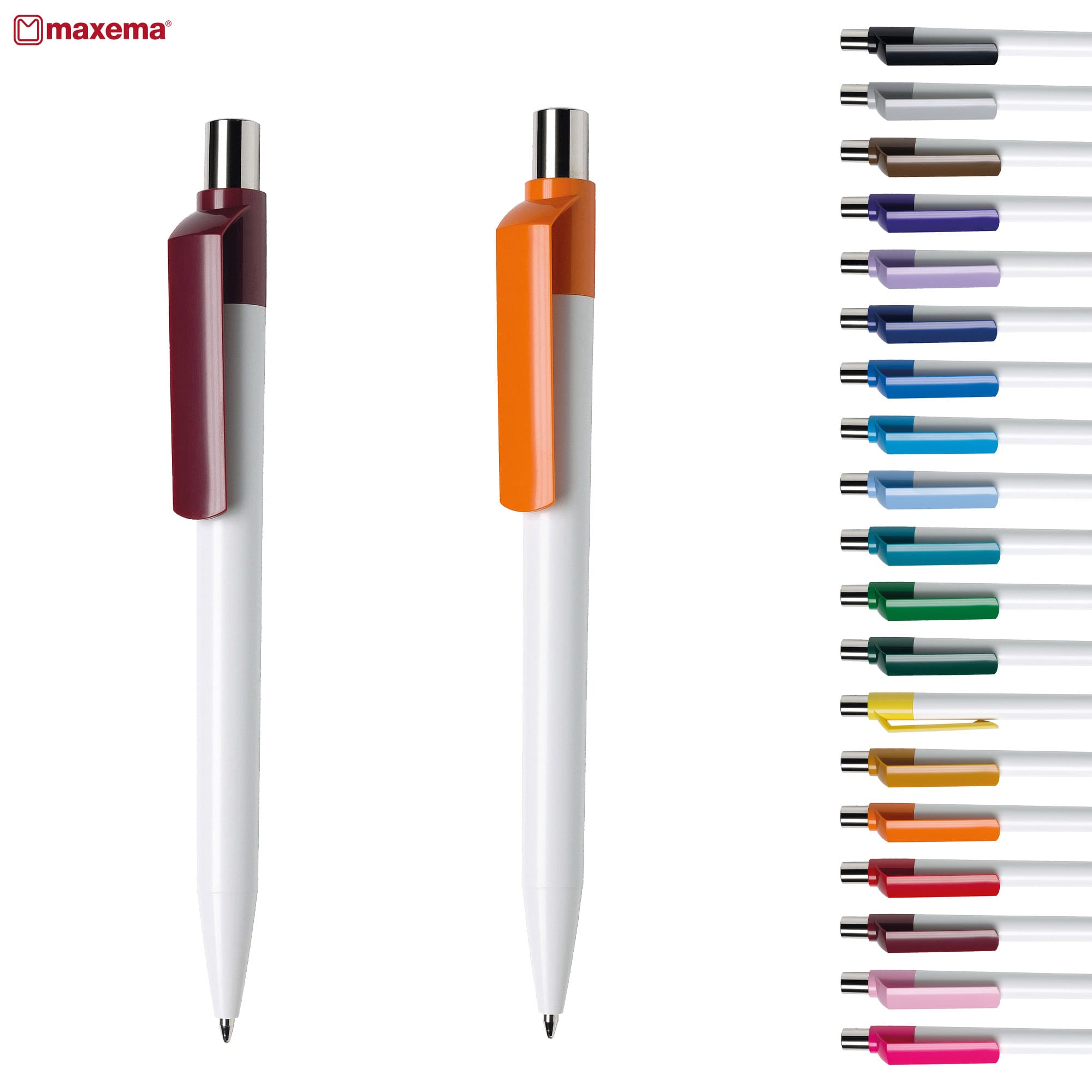 Two plastic pens with white bodies, one in burgundy and the other in orange, alongside a variety of other coloured pen caps. Dot BC CR - Image 1