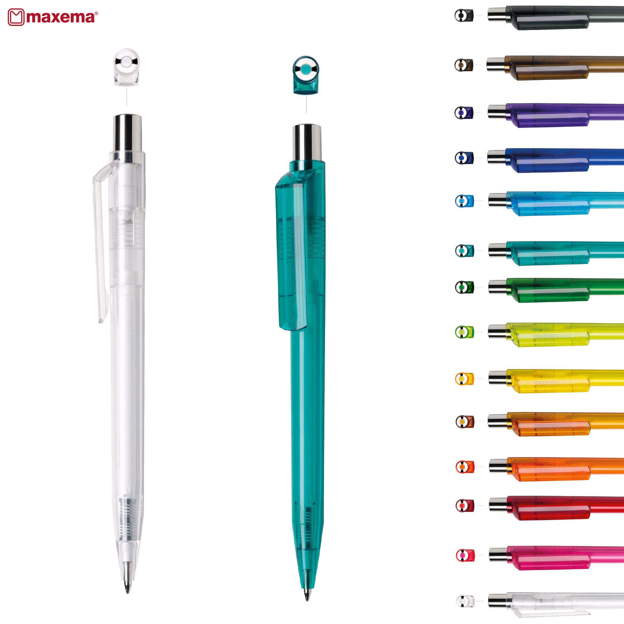 Two plastic pens, one clear and one green, alongside a range of colourful pen options. Each pen features a logo. Dot 30 CR - Image 1