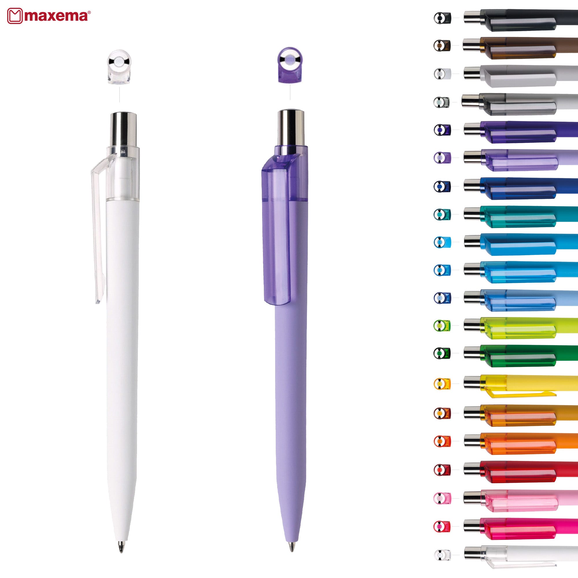 A collection of plastic pens in various colours, including white and purple, with a logo on the upper left. Dot GOM 30 CR - Image 1