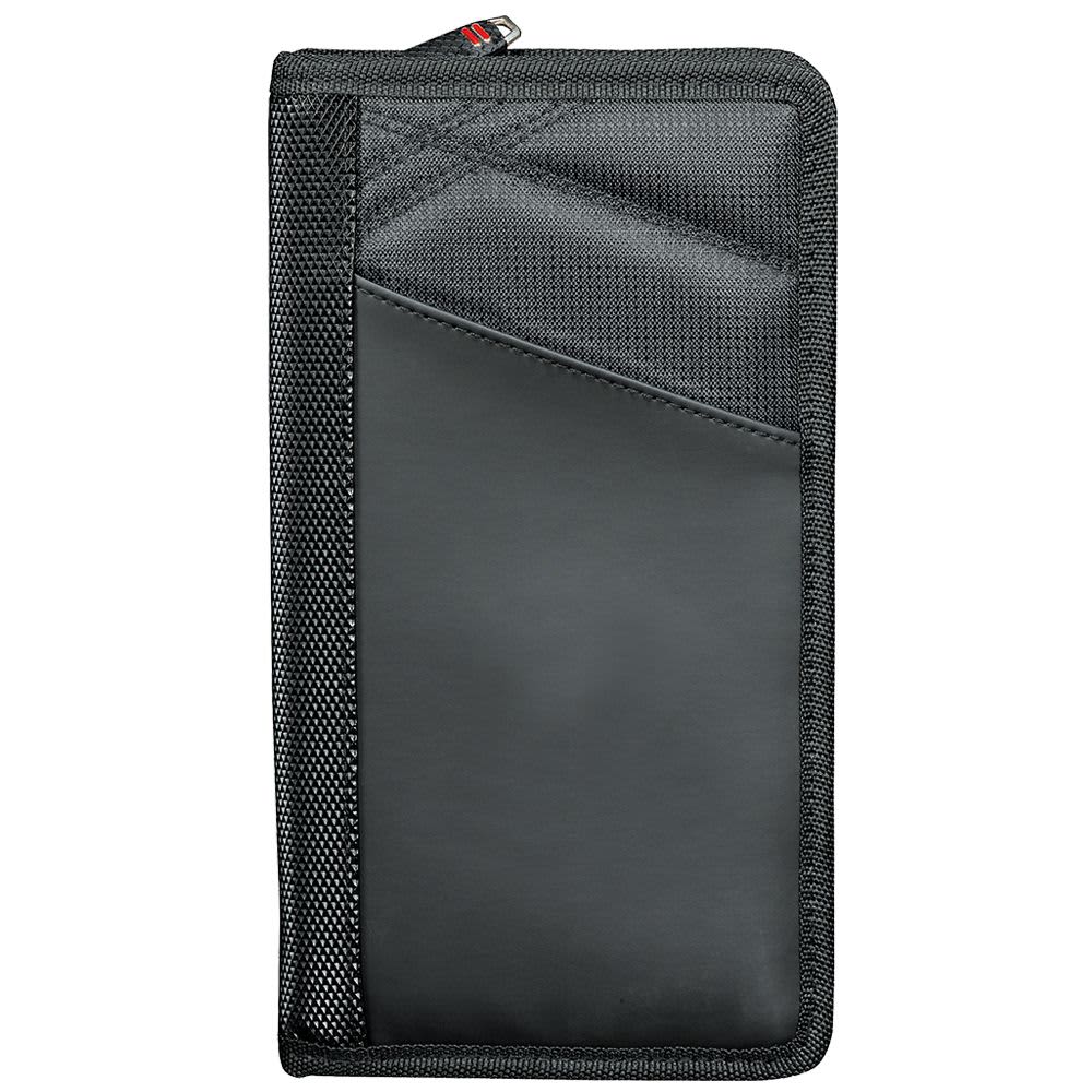 A black travel wallet with a zip closure, featuring a textured design and a logo. Elleven JetSetter Travel Wallet - Image 1