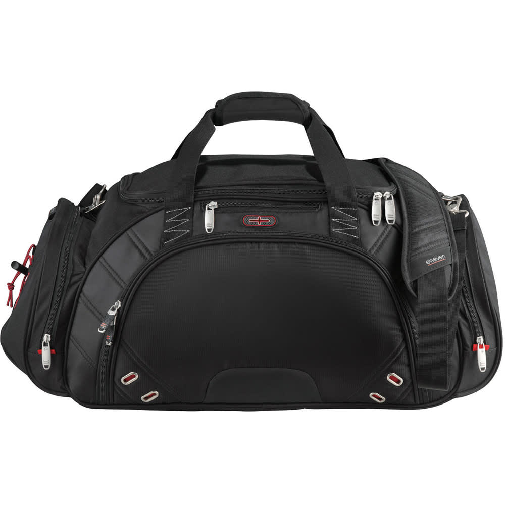 A black duffel bag featuring multiple zippers, handles, and a shoulder strap, with a logo on the front. Elleven 22" 43L Duffel - Image 1