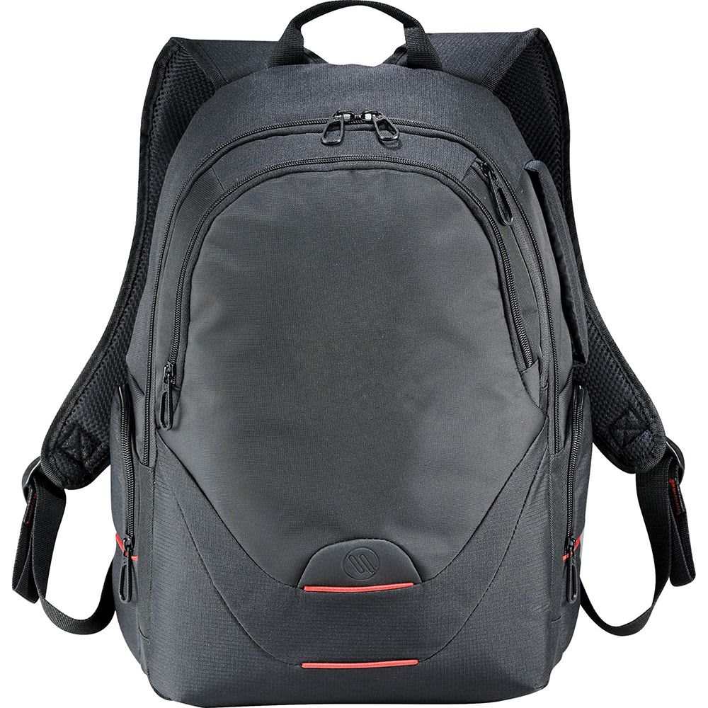 A black Ellaeven Motion Compu Backpack with multiple compartments and a logo. Elleven Motion Compu Backpack 19L - Image 1