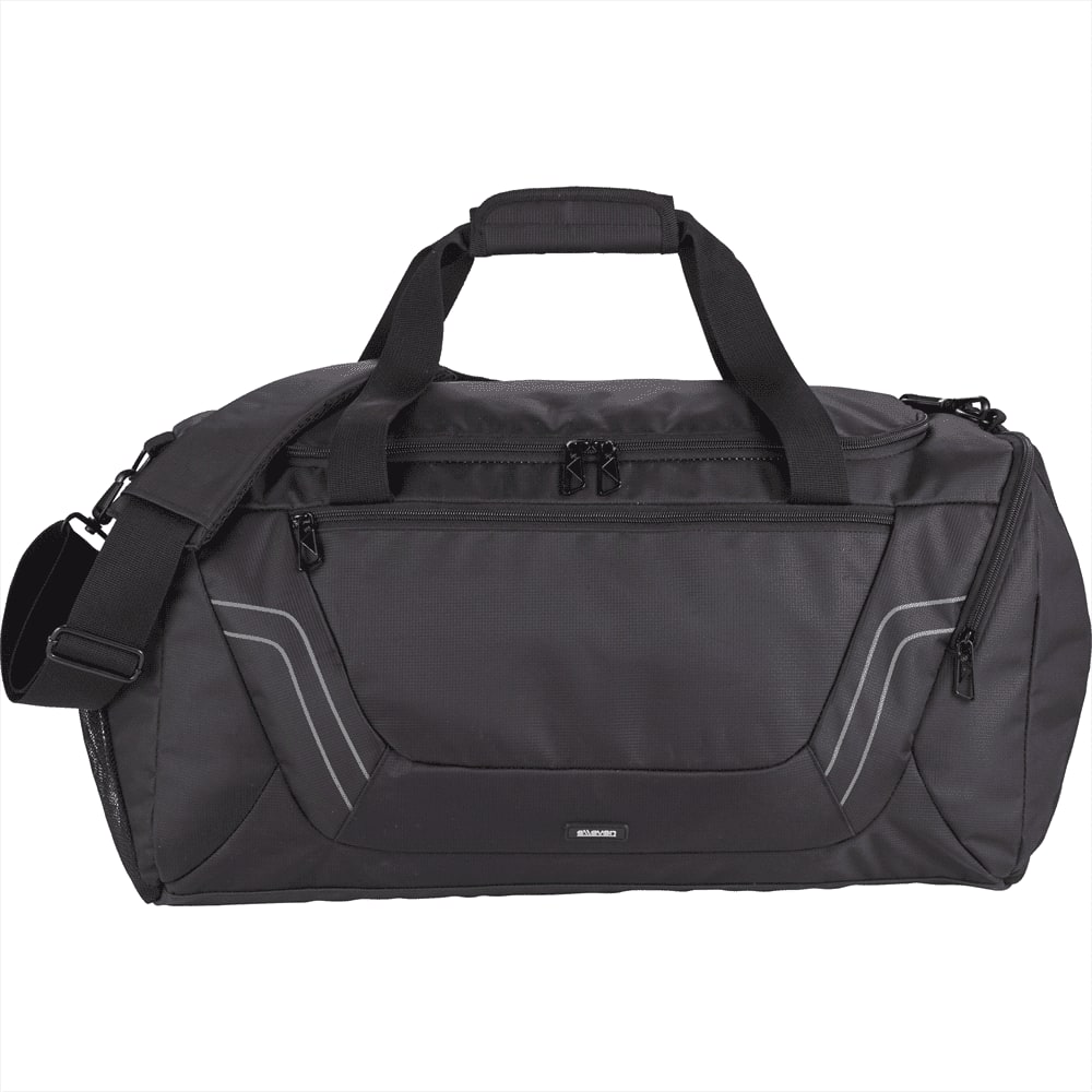 A black travel duffel bag with a shoulder strap, featuring multiple zippered compartments and a logo. Elleven Arc 21" 37L Travel Duffel - Image 1