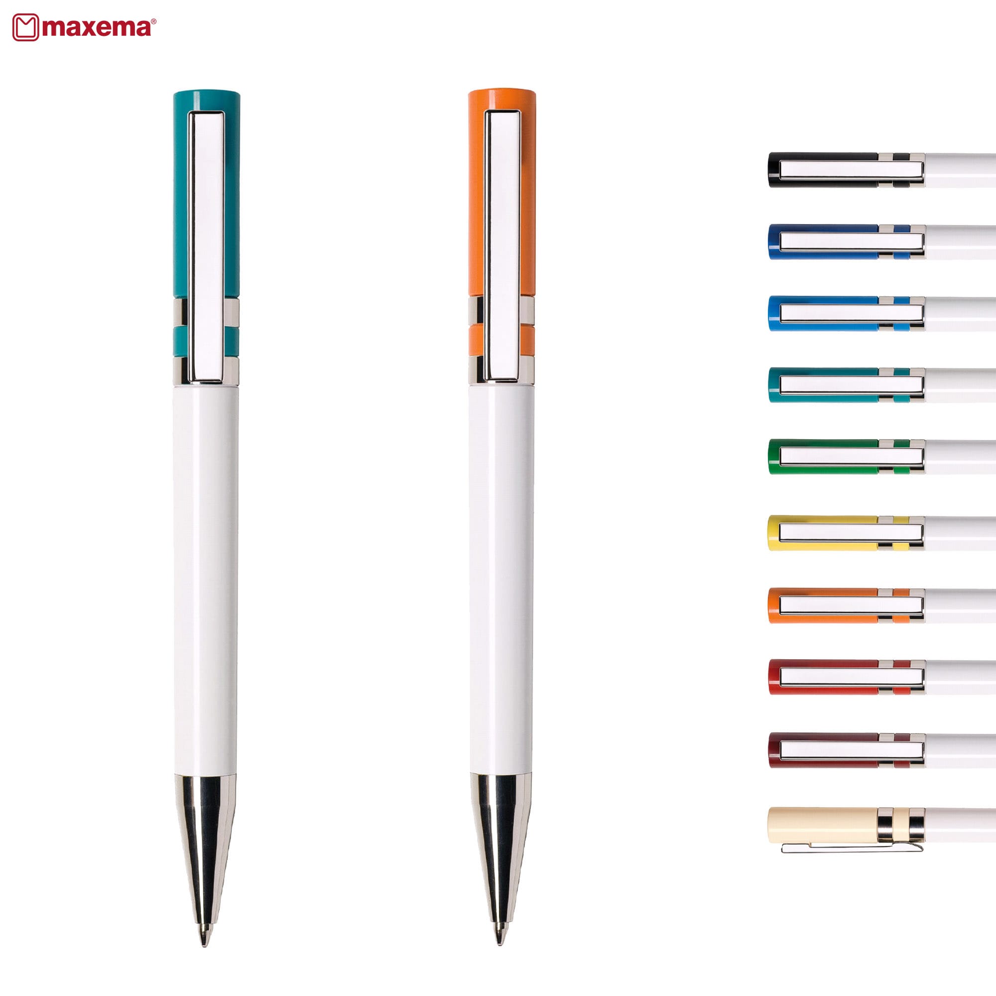 A set of plastic pens in white, featuring turquoise and orange accents, with various ink colours displayed alongside. Ethic BC - Image 1