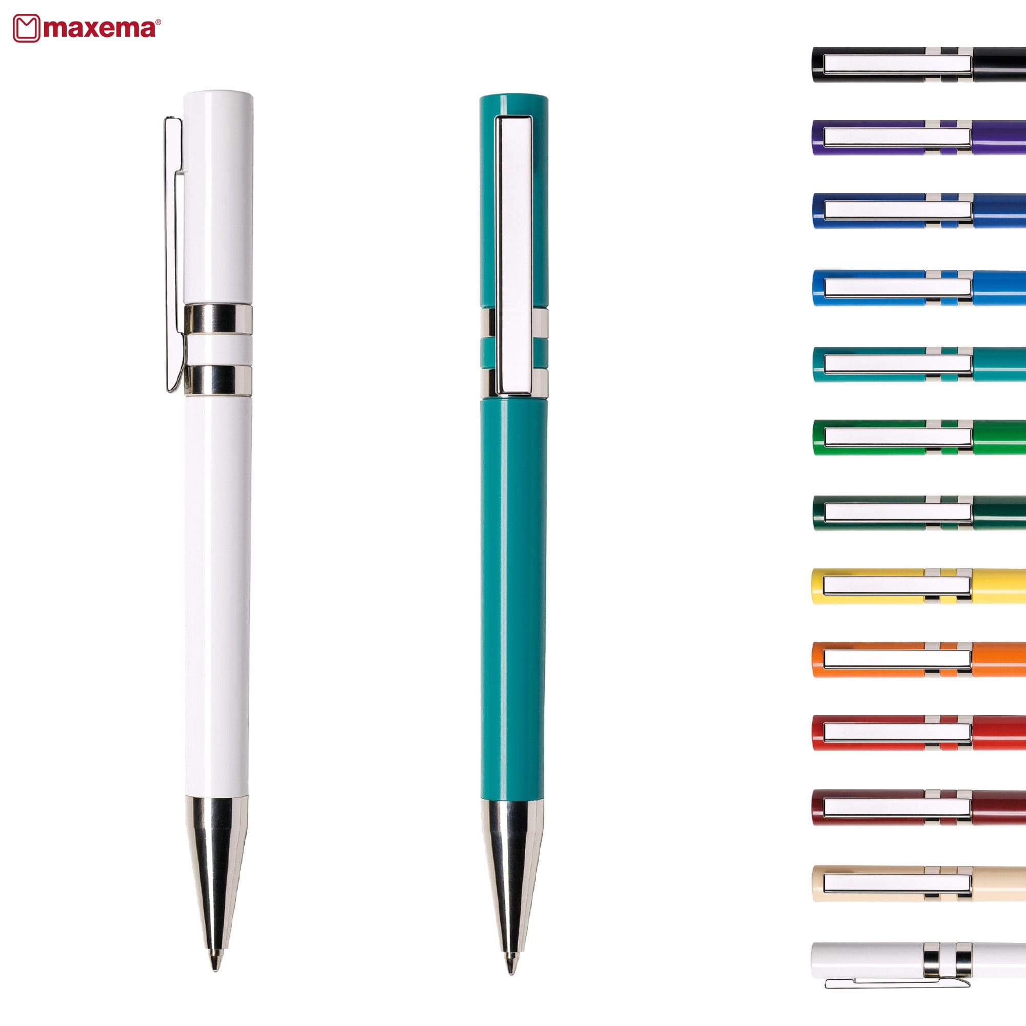 A selection of plastic pens in various colours, including white and teal, featuring silver accents and a logo. Ethic C CR - Image 1