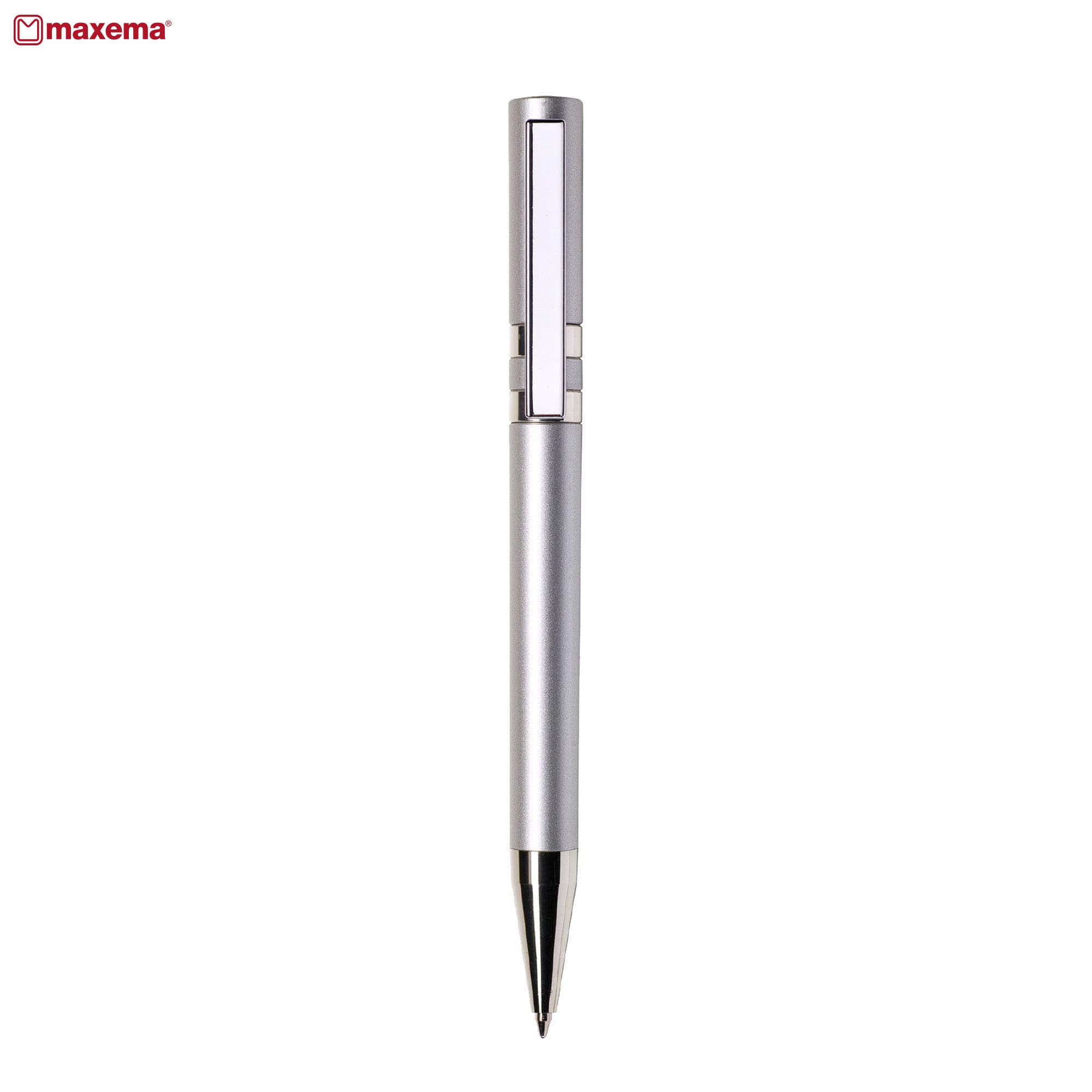 A metallic silver pen with a sleek design and a clip, featuring a branding logo on the upper part. Ethic AL CR - Image 1