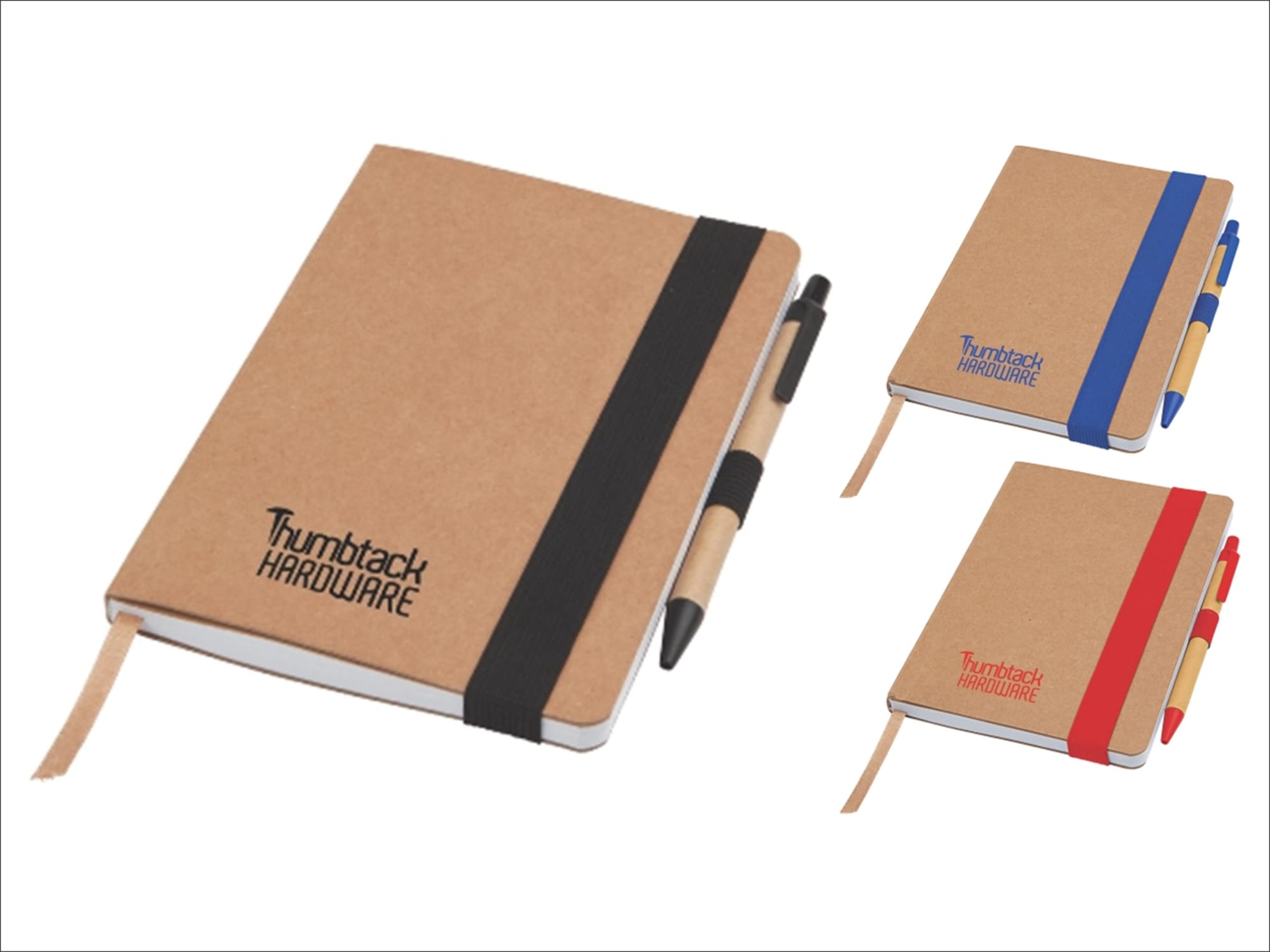 A set of three notepads with kraft covers, featuring black, blue, and red accents, each accompanied by a matching pen. Enviro Notepad - Image 1