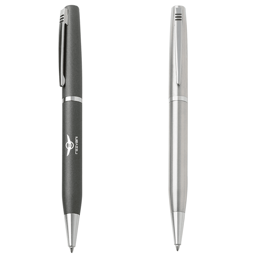 A plastic pen featuring a sleek black body and a silver clip, along with a logo on the barrel. Accord Pen - Image 1