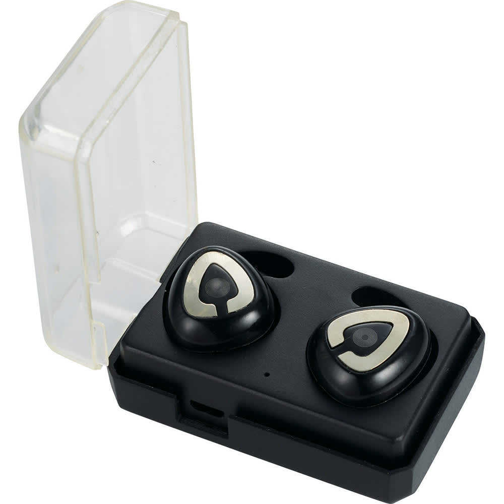 A pair of black true wireless Bluetooth earbuds in a transparent case with a black base. True Wireless Bluetooth Earbuds - Image 1