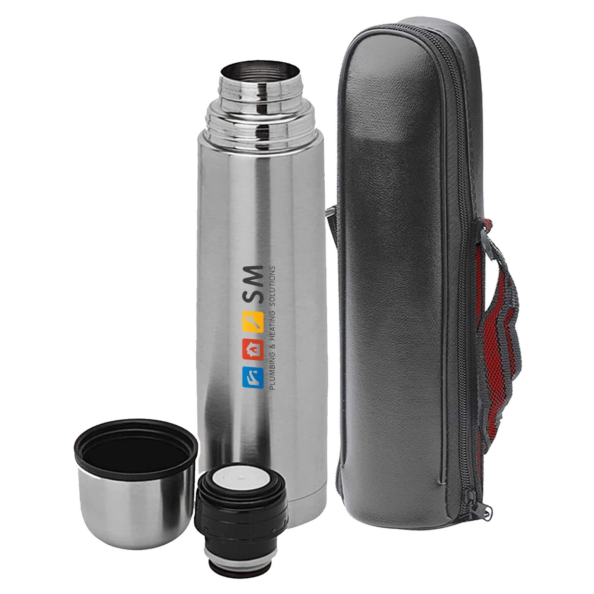 A drink bottle in silver with a black carrying case, featuring a logo and detachable cap and cup. Bullet Flask Silver 500ml - Image 1