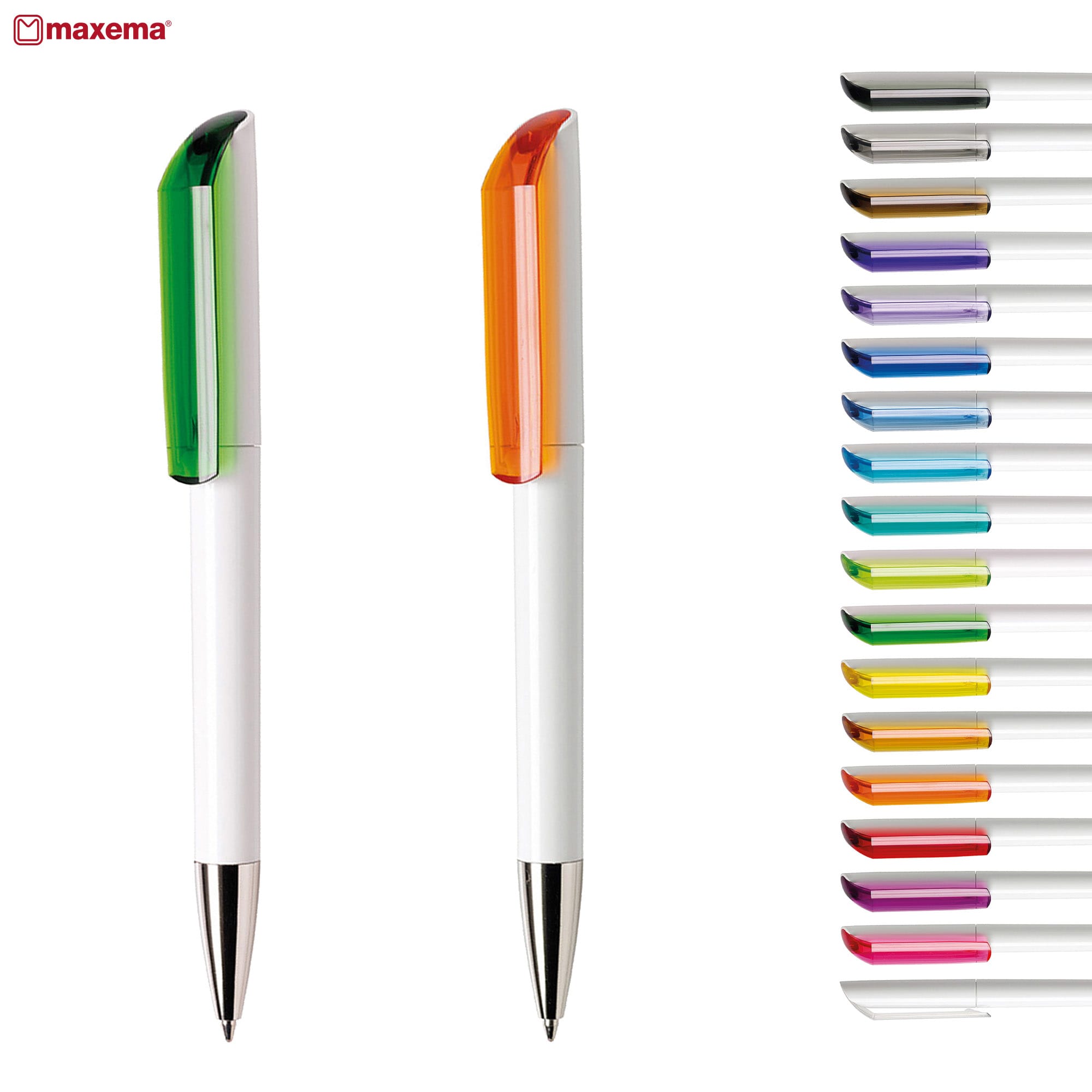 A collection of plastic pens in various colours, featuring two prominent pens with green and orange accents, along with a range of others. Flow 1-B 30 - Image 1