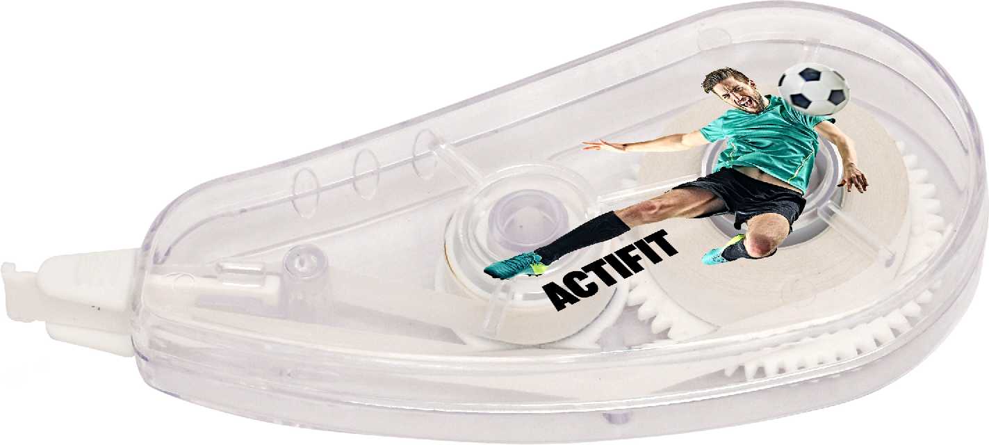 A translucent correction tape dispenser featuring a footballer graphic in a green jersey and black shorts. Fix-it Correction Tape - Image 1