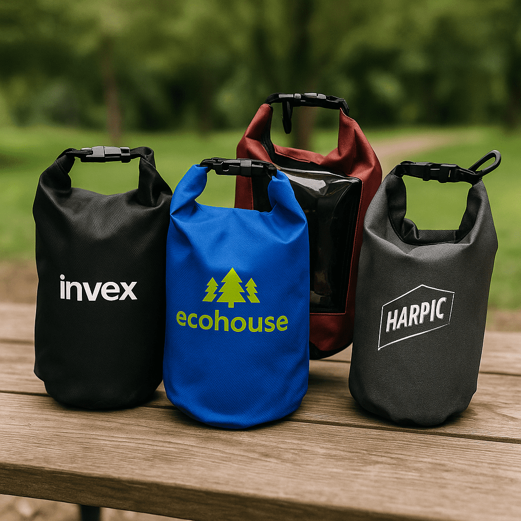 Four dry bags in various colours: black, blue, red, and grey, each featuring branding on the front. 2.5L Dry Bag - Image 1