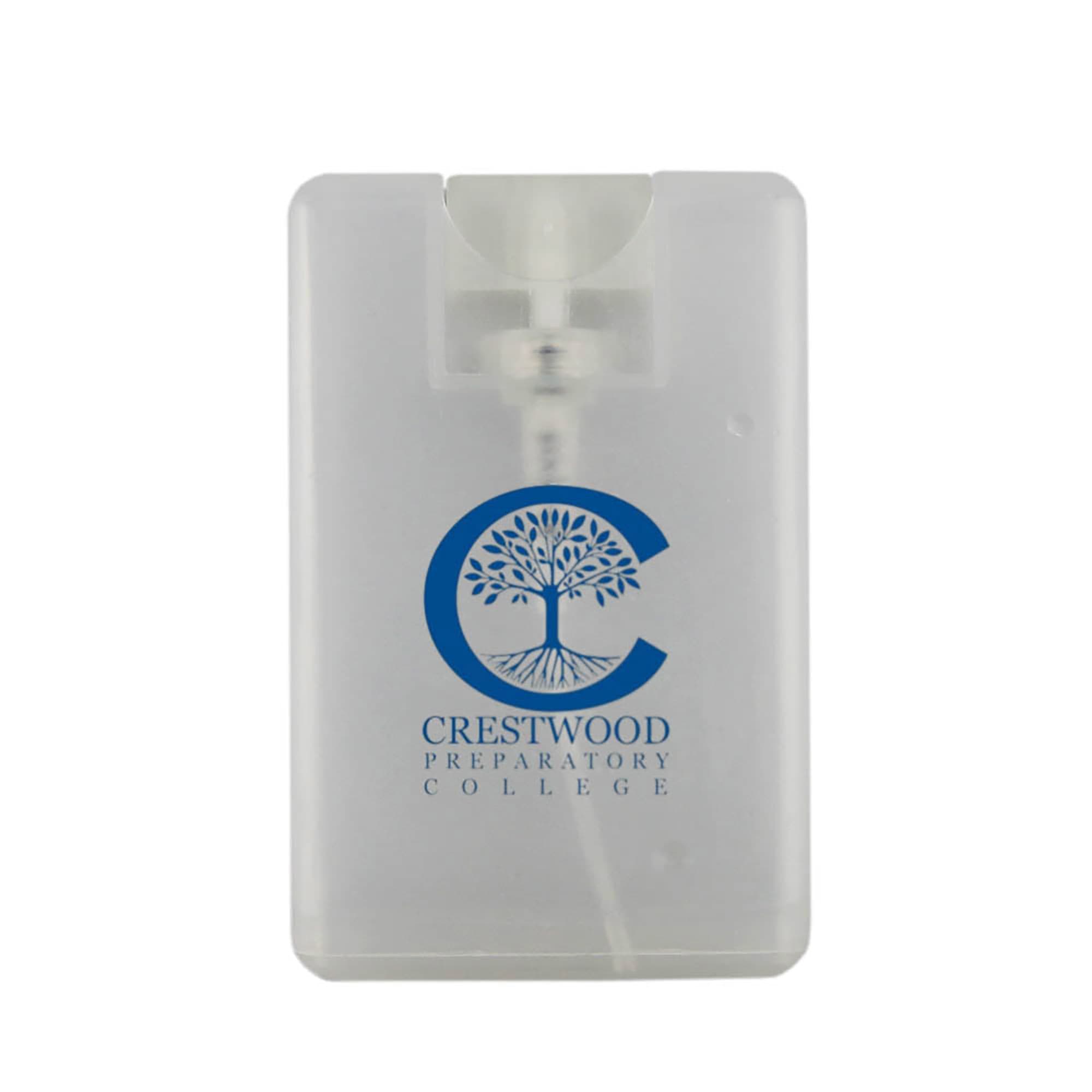 A clear, rectangular hand sanitiser spray card with a nozzle and a logo on the front. 20ml Hand Sanitiser Spray Card - Image 1