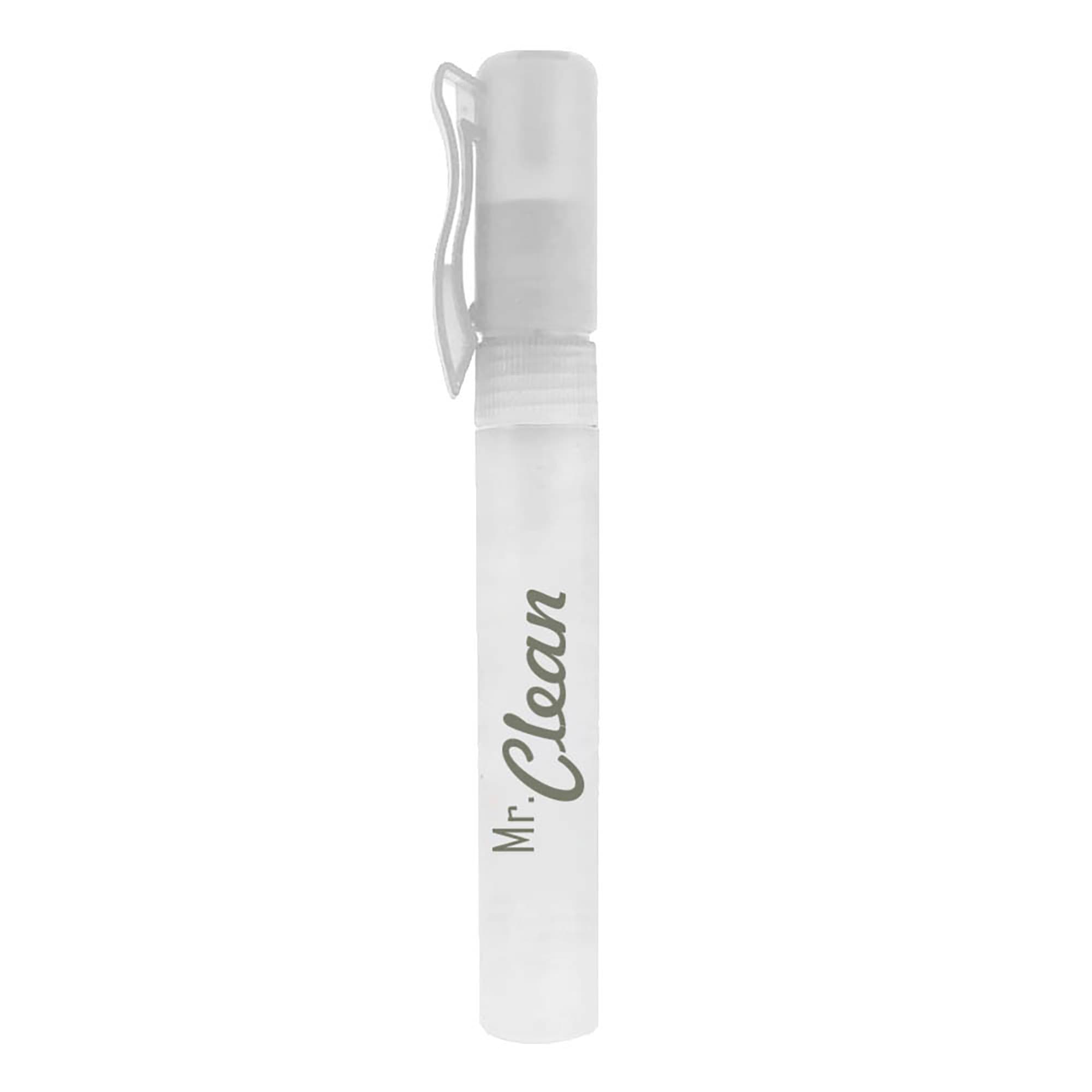 A clear 10ml hand sanitiser spray stick with a white cap, featuring a logo. 10ml Hand Sanitiser Spray Stick - Image 1