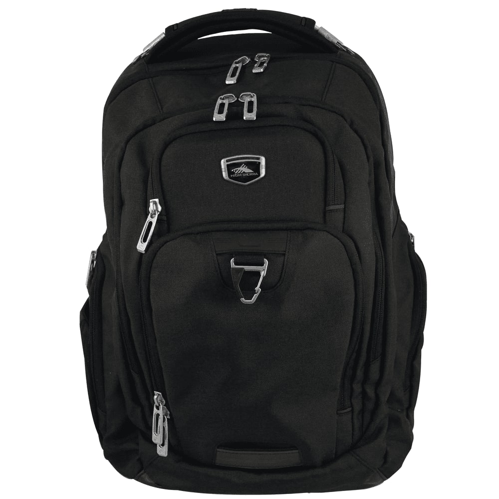 A black laptop backpack with multiple compartments, zippers, and a logo, featuring padded straps and a sturdy handle. High Sierra Business 17" 42L Computer Backpack - Image 1