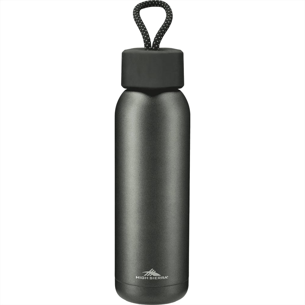 A drink bottle with a matte grey finish, featuring a black lid and a braided handle. It includes a logo on the front. High Sierra Maverick Copper Vacuum Bottle 600ml - Image 1