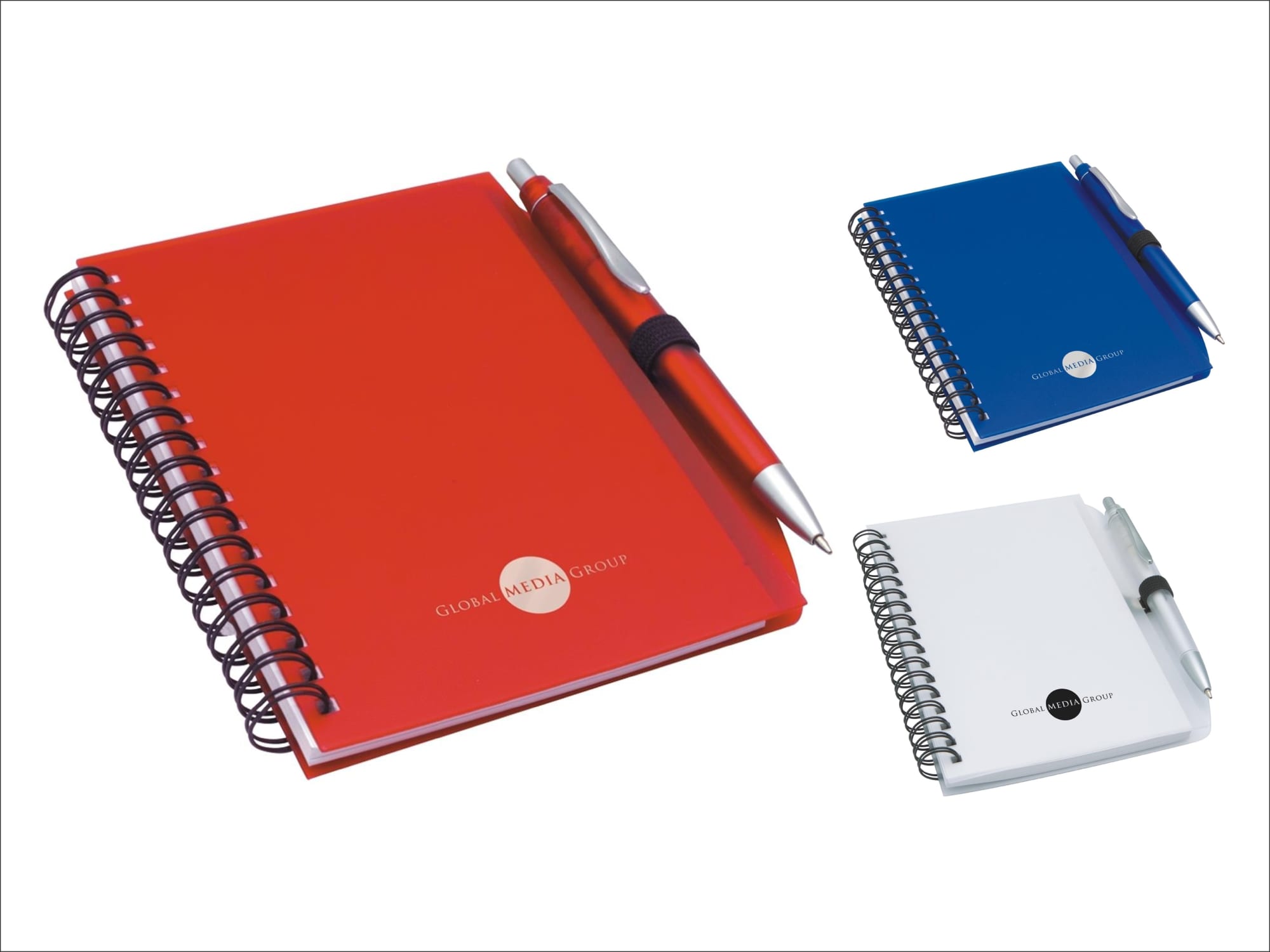 A red notepad with a pen, spiral-bound, alongside blue and white variants, featuring a logo. Convention Pad-n-Pen - Image 1