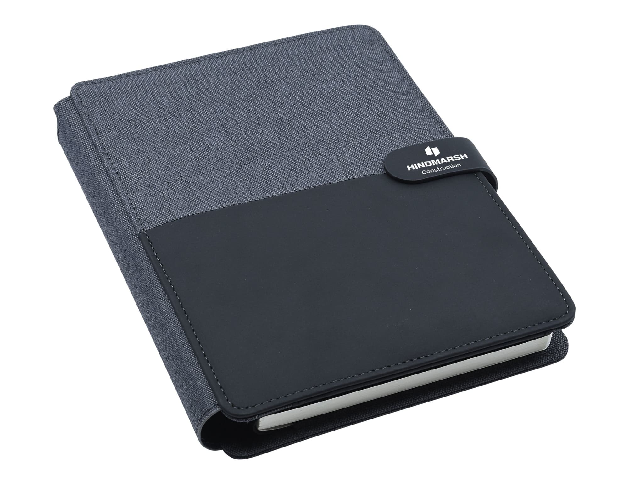 An A5 portfolio in black and charcoal featuring a textured cover and a logo. Impact A5 Portfolio, Black/Charcoal - Image 1