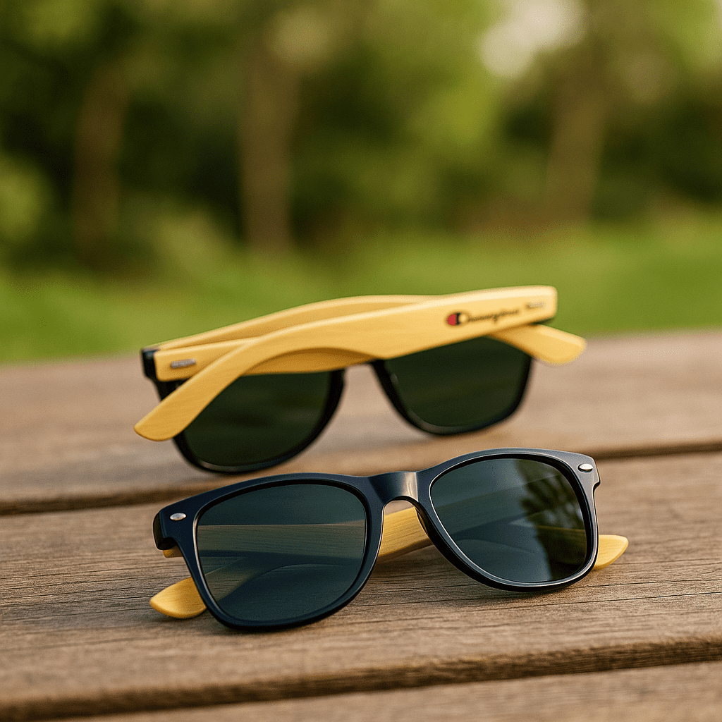 Sunglasses featuring a black frame with green lenses and yellow bamboo arms, displayed on a wooden surface. Sunglasses Bamboo (Uncoated) - Image 1