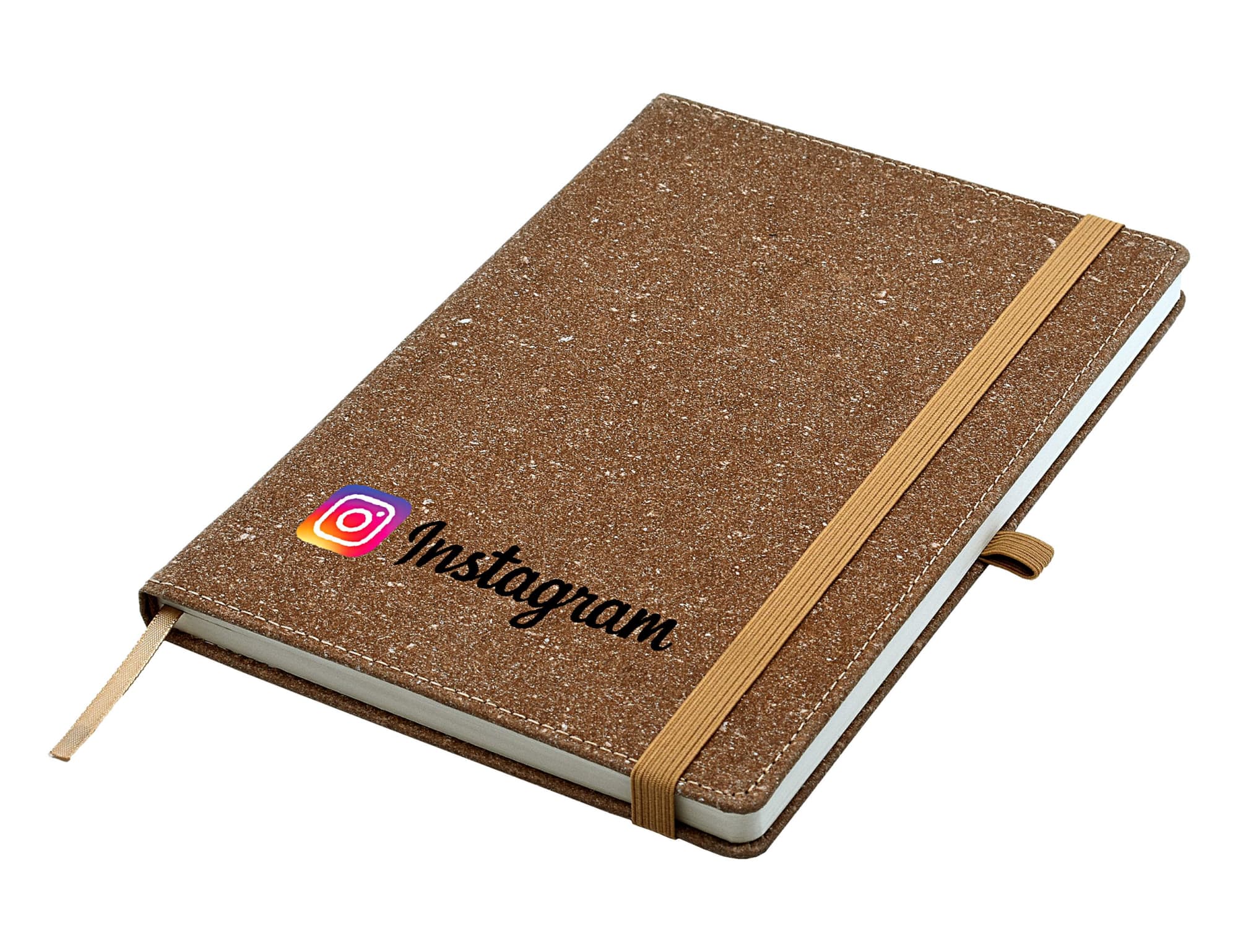 A brown A5 notebook with a textured cover and elastic band, featuring a logo on the front. Italiano Bonded Leather Notebook A5 - Image 1