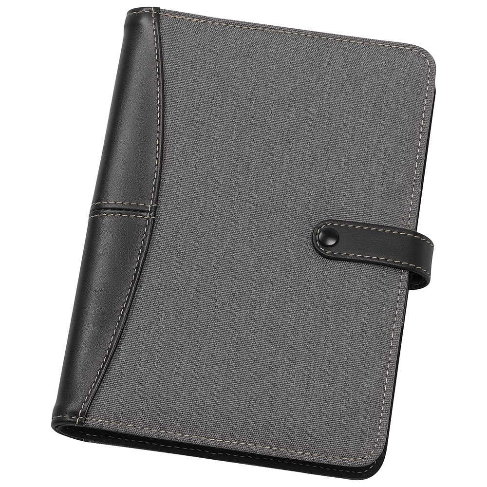 A5 journal cover in grey fabric with black leather accents and a fastening button. Features a logo on the cover. A5 Journal Cover - Image 1