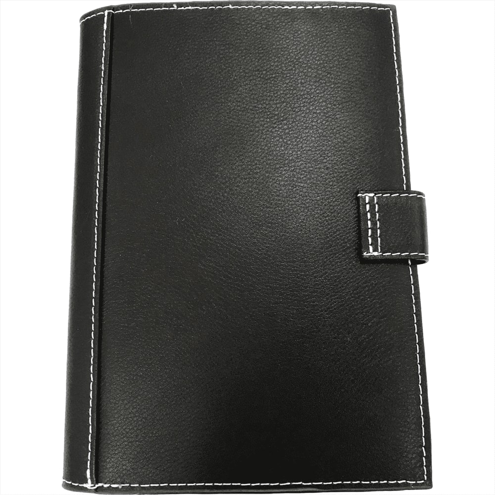 A5 journal cover in black with white stitching and a clasp closure. Features a logo on the front. A5 Journal Cover - Image 1