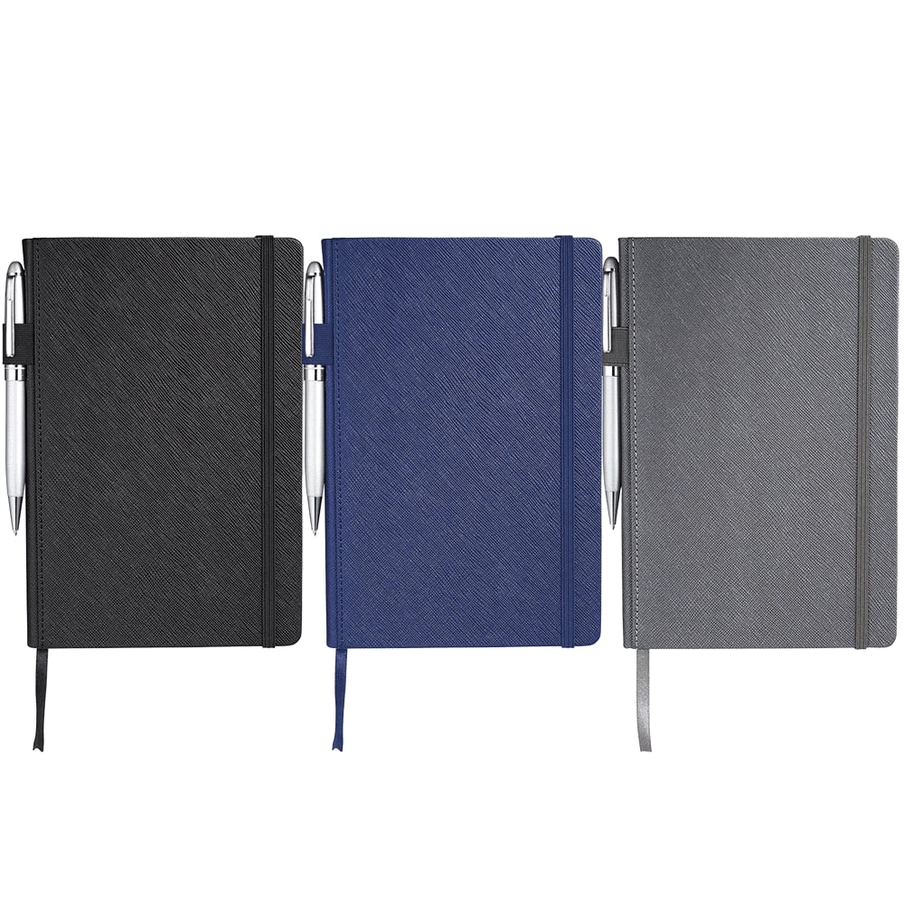 Three notebooks in black, blue, and grey with elastic closures and pens attached. Each has a textured finish. Modena Bound JournalBook - Image 1