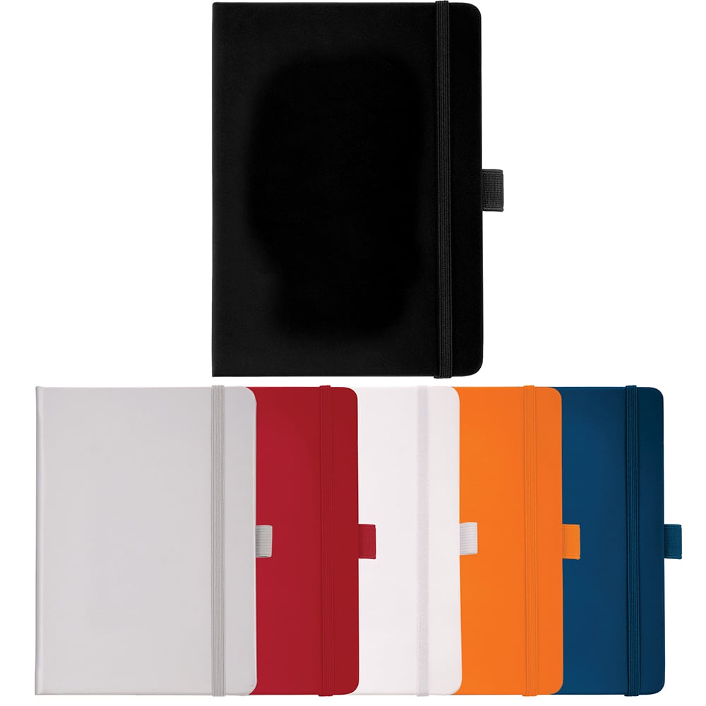 A collection of Vienna Hard Bound JournalBooks in black, white, grey, red, orange, and blue, featuring a logo. Vienna Hard Bound JournalBook - Image 1
