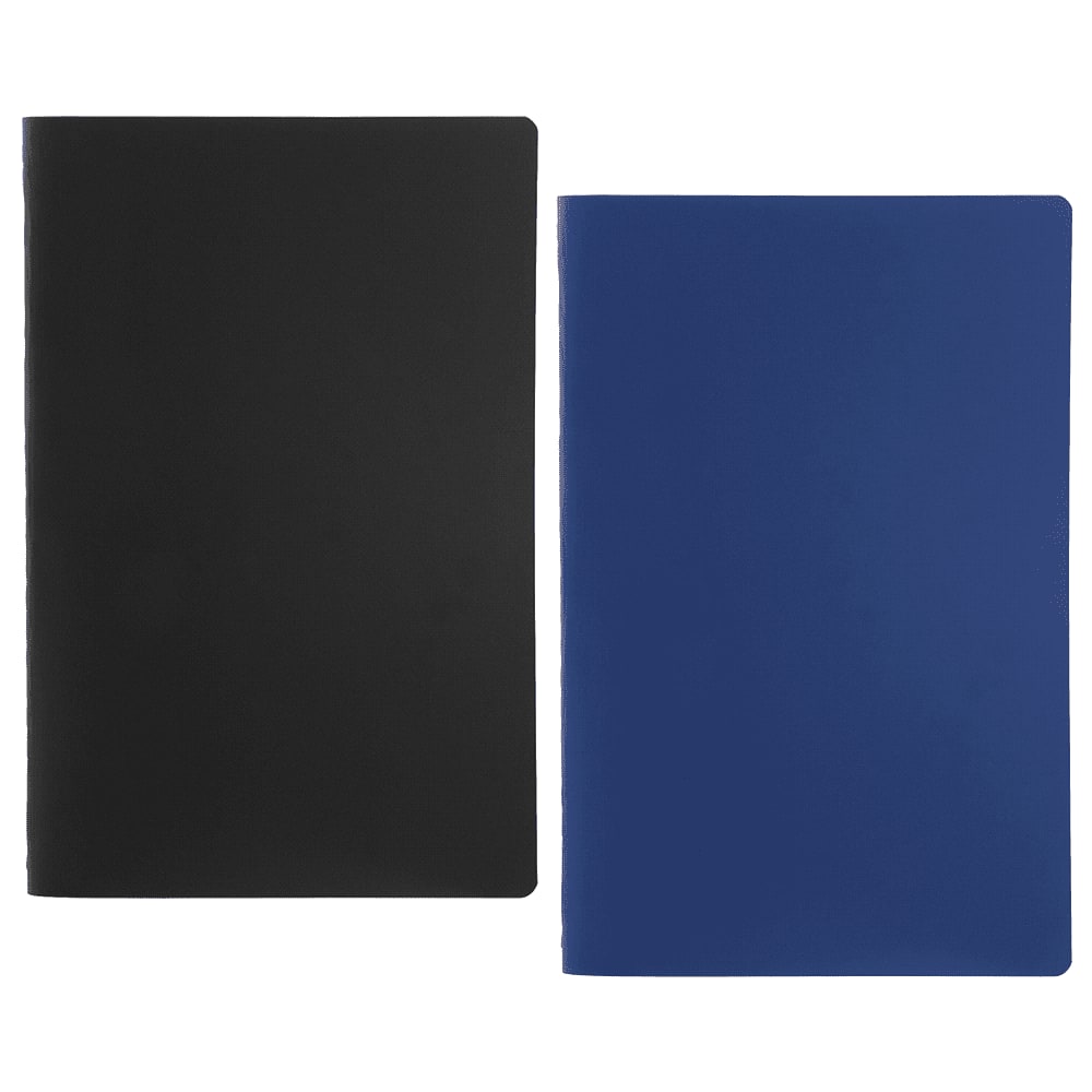 A solid saddlestitch bound journal book in black and blue colours, featuring a branding logo. Solid Saddlestitch Bound JournalBook - Image 1