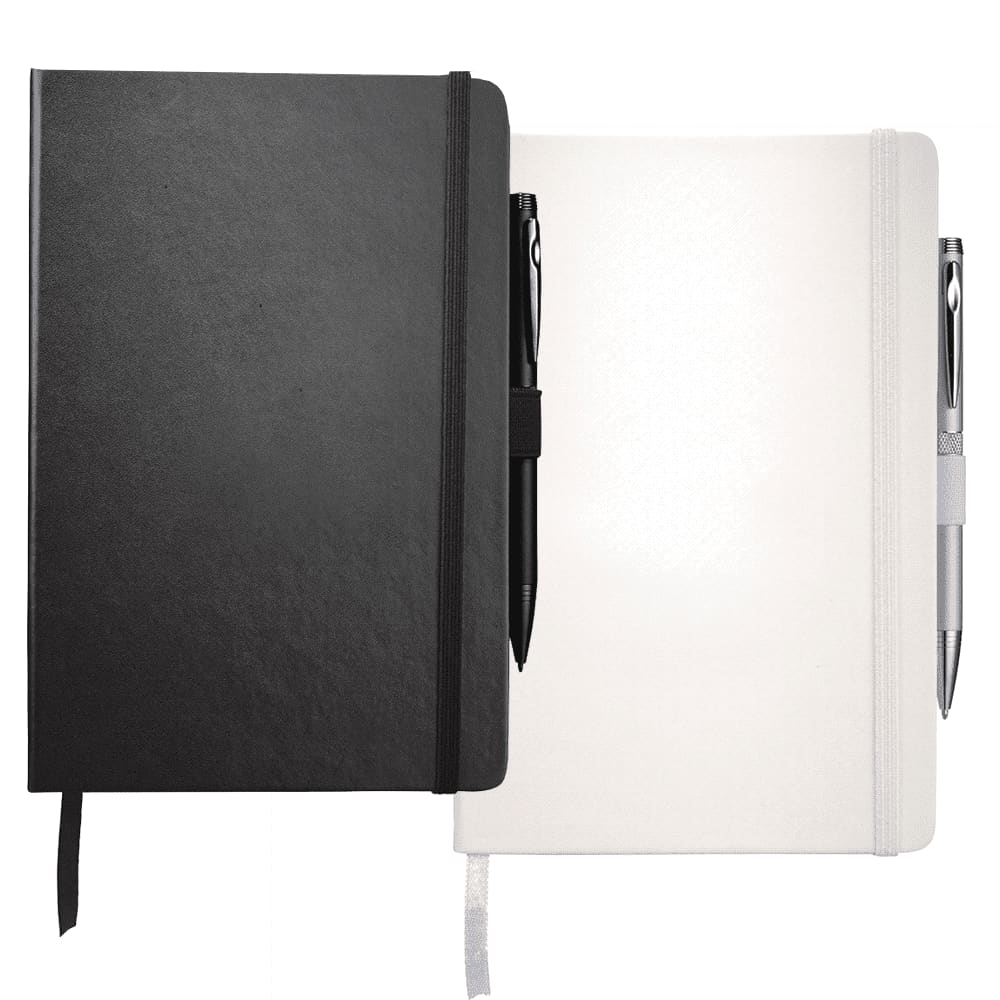 Two Nova Bound JournalBooks with blank pages, one black and one white, each with a pen attached. Nova Bound JournalBook w/ Blank Pages - Image 1