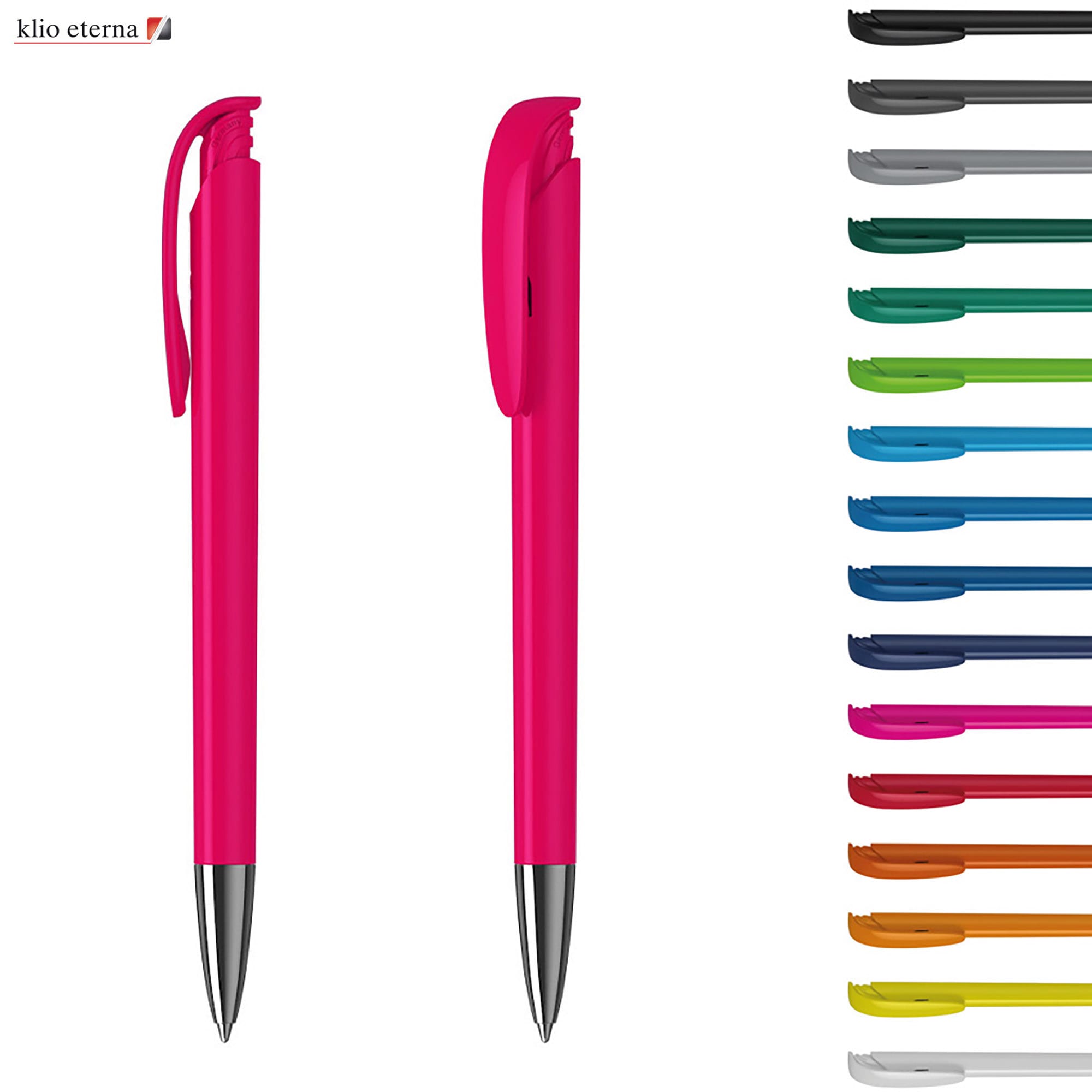 A pink plastic pen with a silver tip, featuring a clip. It has a logo and is displayed alongside various coloured pens. Jona M - Image 1