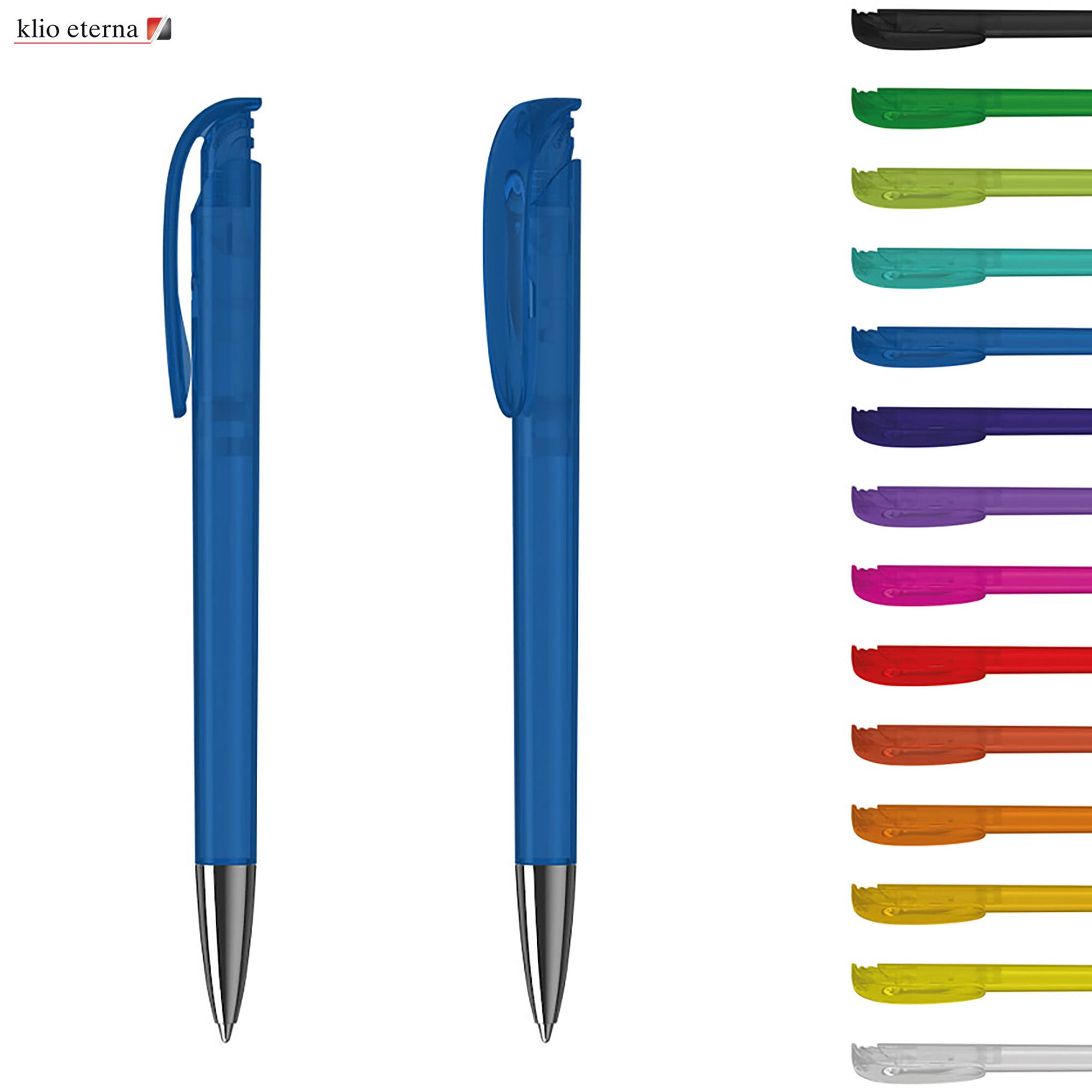 Two transparent blue plastic pens with silver tips, alongside a range of colourful pen options. Features a logo. Jona M Transparent - Image 1